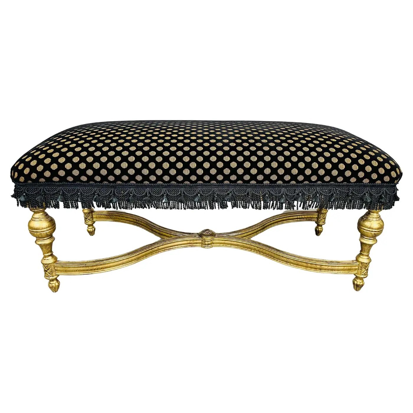Louis XVI Style Black Mohair & Gold Gilt Ottoman Or Bench