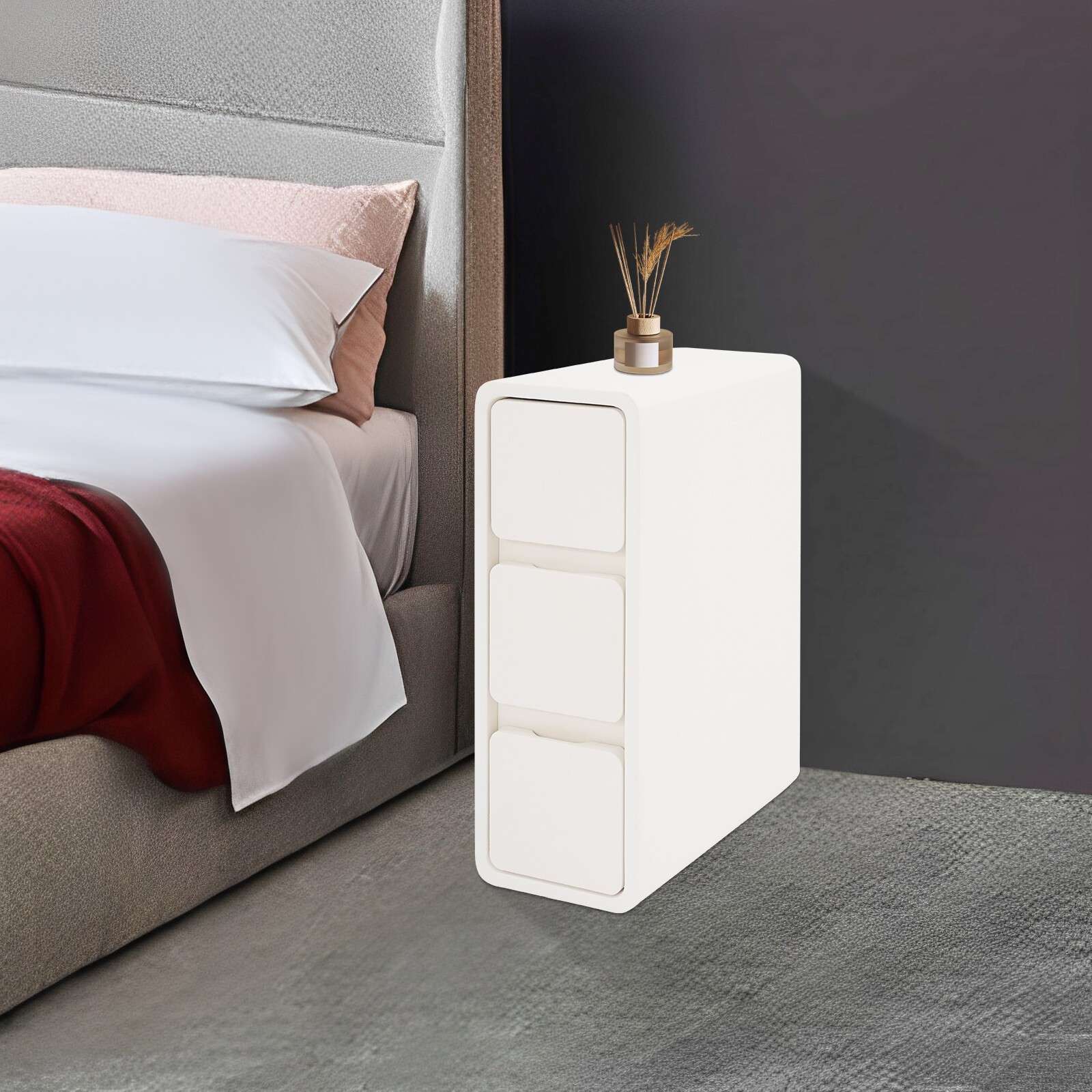 Nightstand Off-white Bedside Table with Drawers Small Narrow Nightstand