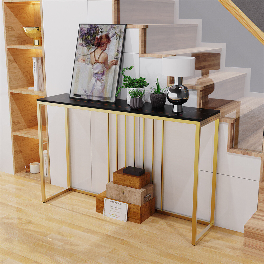 49.2in Extra Long Console Table Marble Entryway Table Gold + Black Accent Table