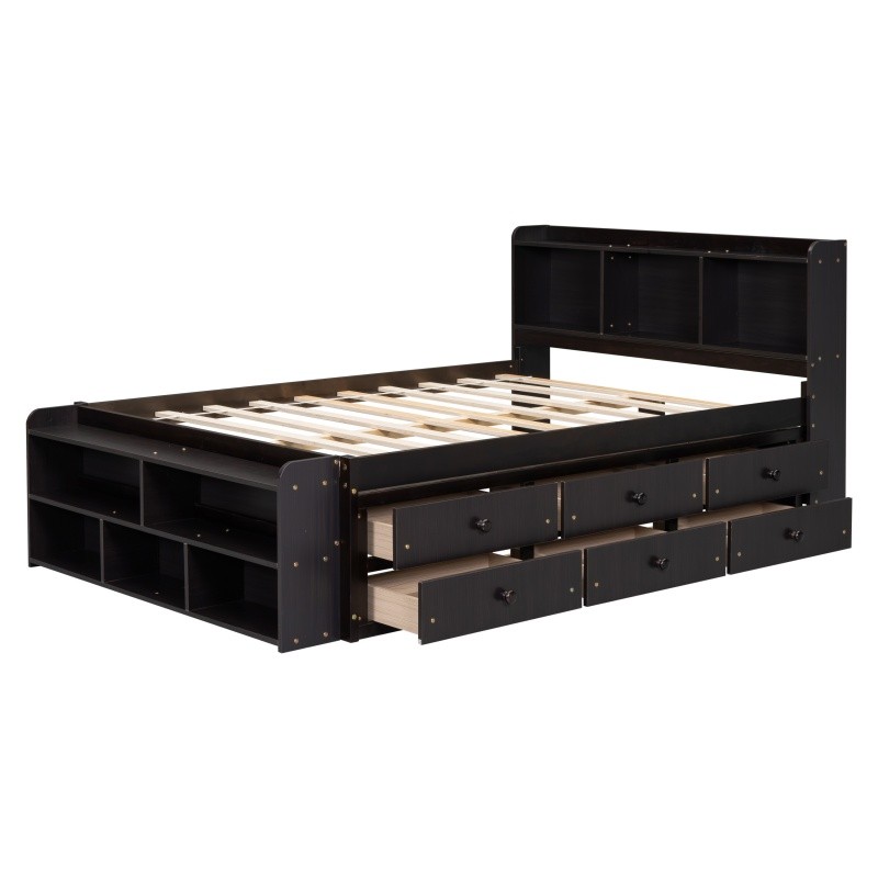 Full Size Wood Storage Bed w/Bookcase,6 Drawers & Bed End Storage Case Espresso