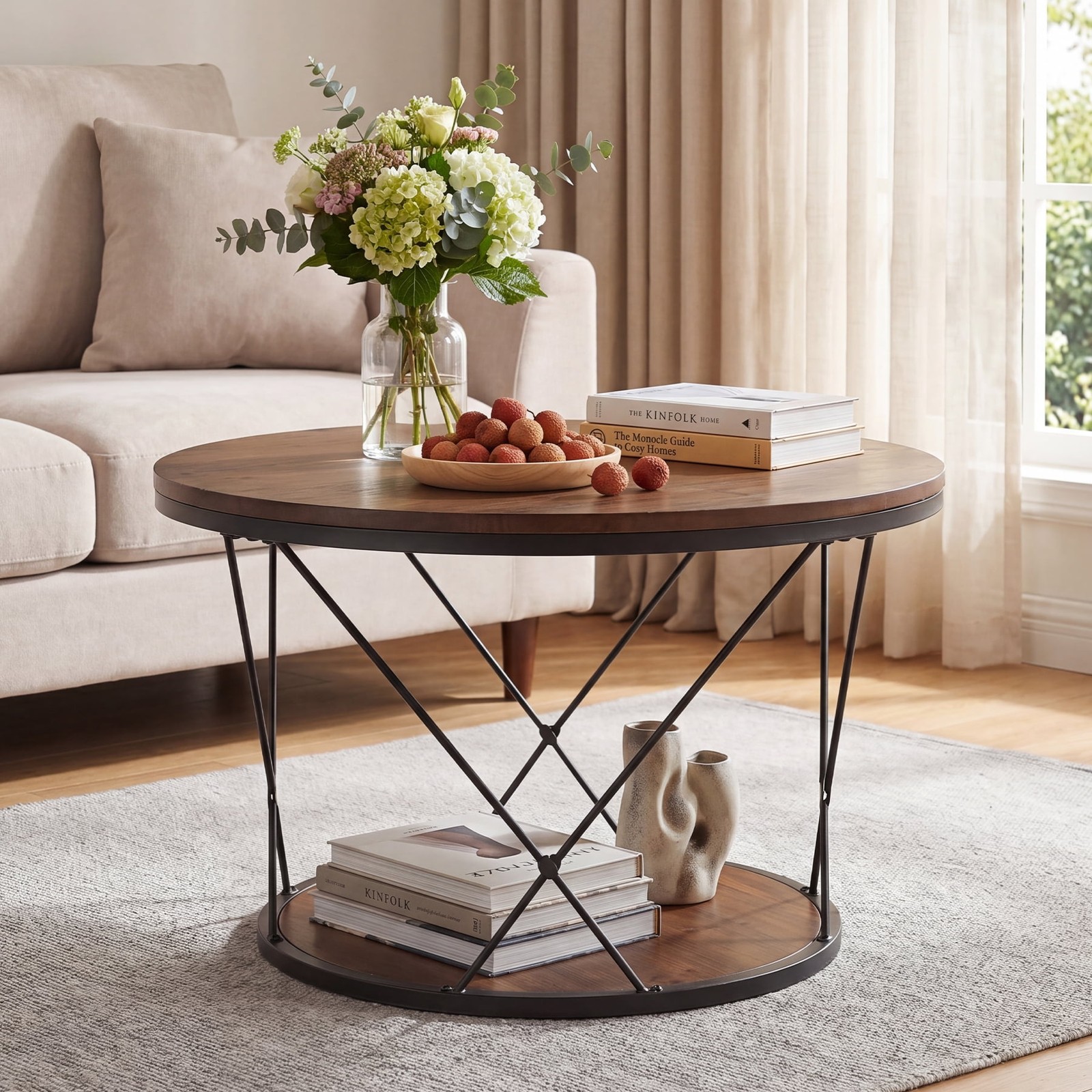 31.5″ Solid Wood Round Coffee Table, Industrial 2-Tier Circle Center Tea Table