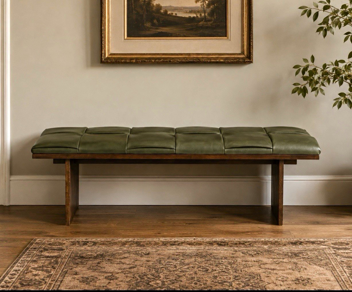 Poly and Bark Leather Upholstered Walnut Wood Bench Mid-Century 55x15x18