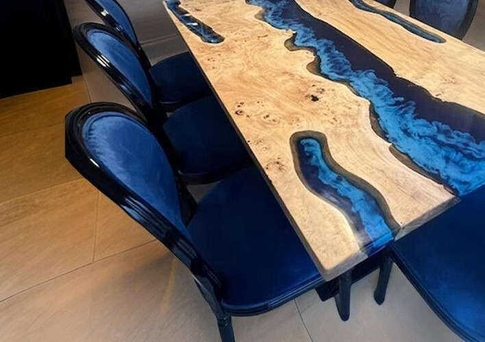 Blue River Epoxy Dining Table Top, Live edge Wooden Epoxy Office Desk Furniture