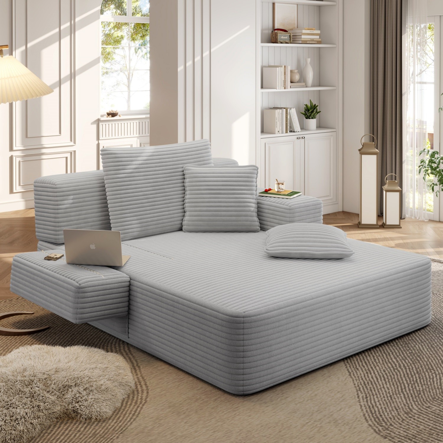 Modern Plush Corduroy Sofa Bed Chaise Lounge No Assembly Required for Apartment