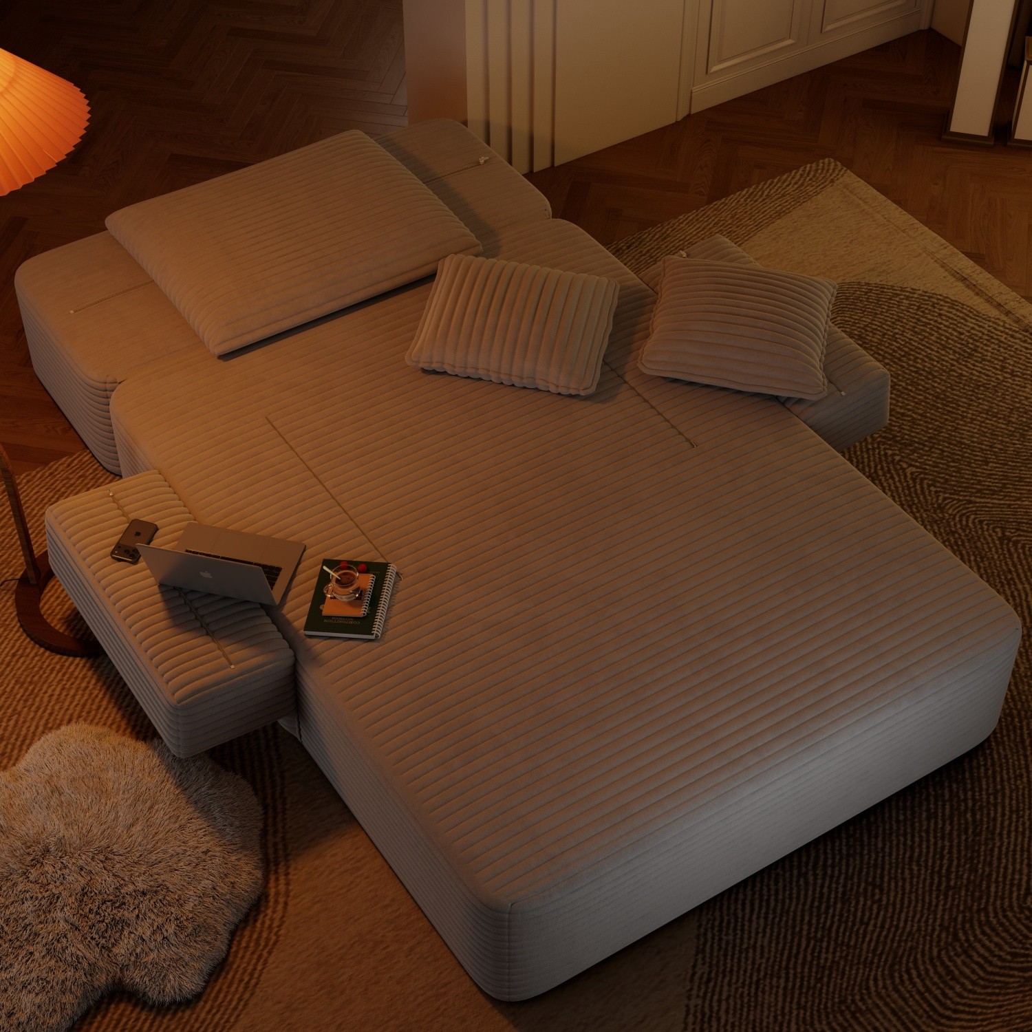 Modern Plush Corduroy Sofa Bed Chaise Lounge No Assembly Required for Apartment