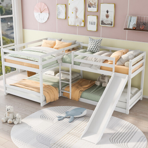 L Shaped Loft Bunk Bed with Slide Heavy Duty Platform Bed Frames Twin/Full Beds
