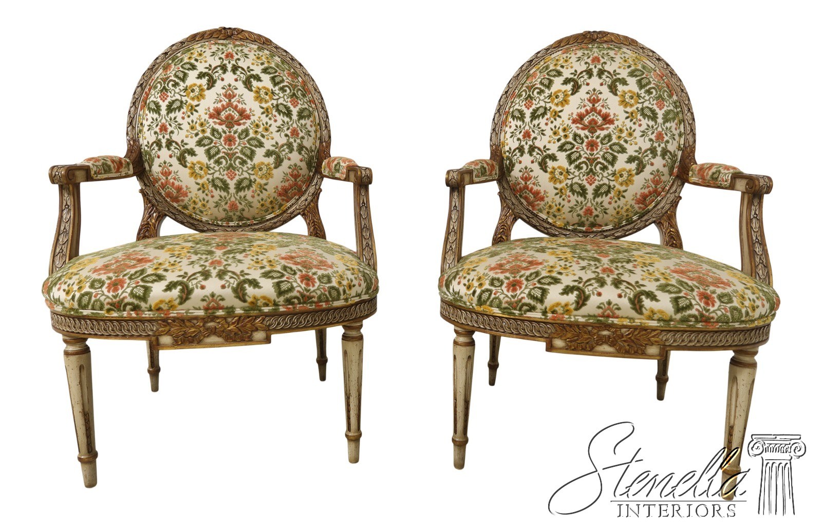 55100: Pair KARGES Louis XVI Style Fauteuil Open Armchairs