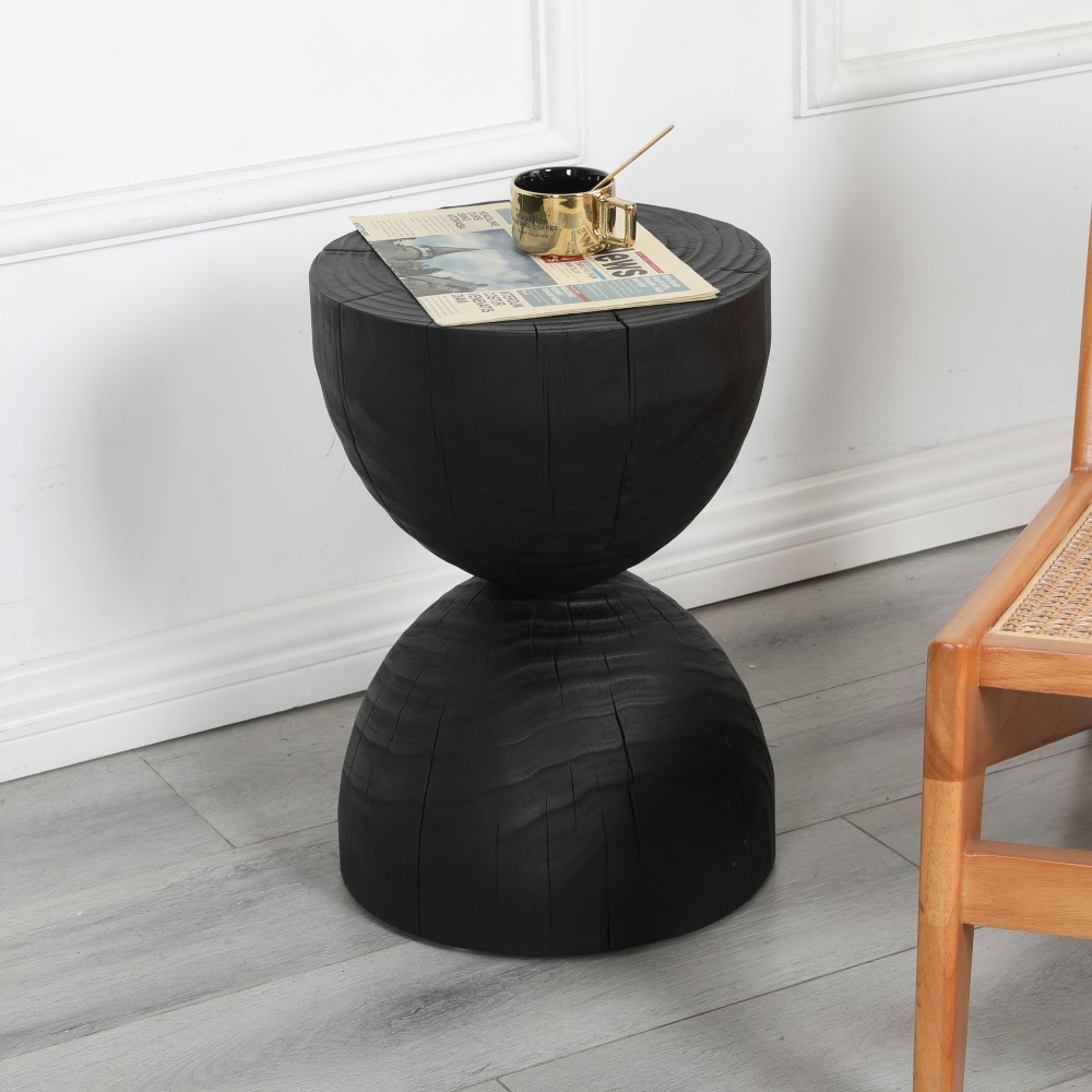 Solid Mango Wood Side End Table in Black, Round Contemporary Wooden Accent Table