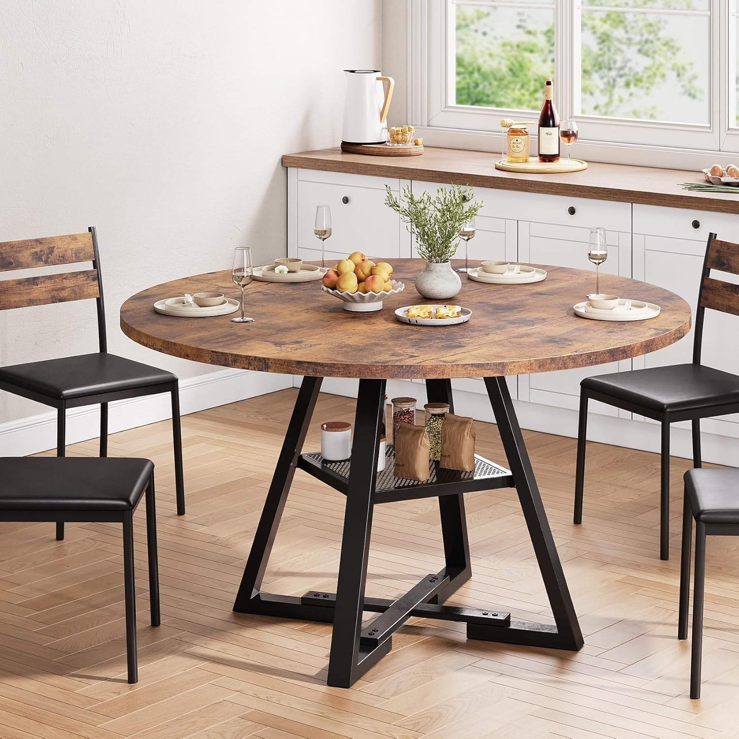 Round Dining Table for 4 6 Space Saving Rustic Wood Kitchen Modern Furniture