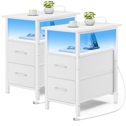 Contemporary Tall White Nightstand with Charging Station & Elegant LED Lighting