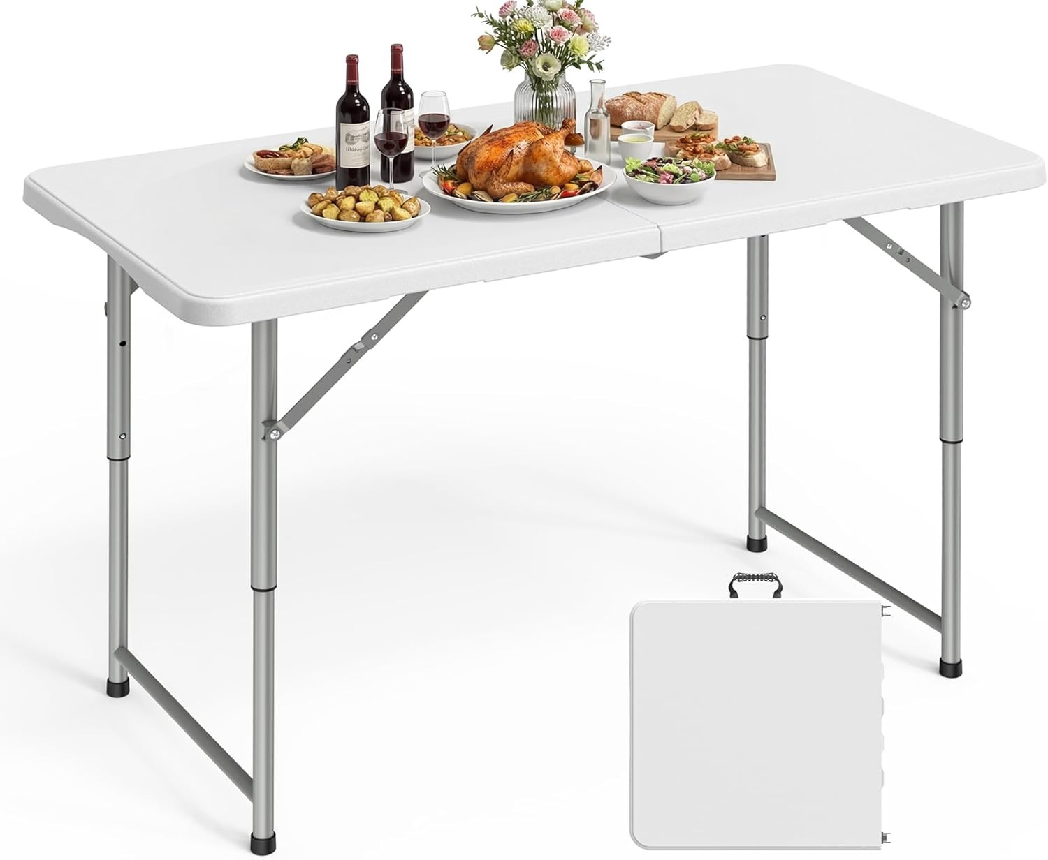 4FT Folding Table – No Assembly Required, Versatile Dining Table with Carrying H