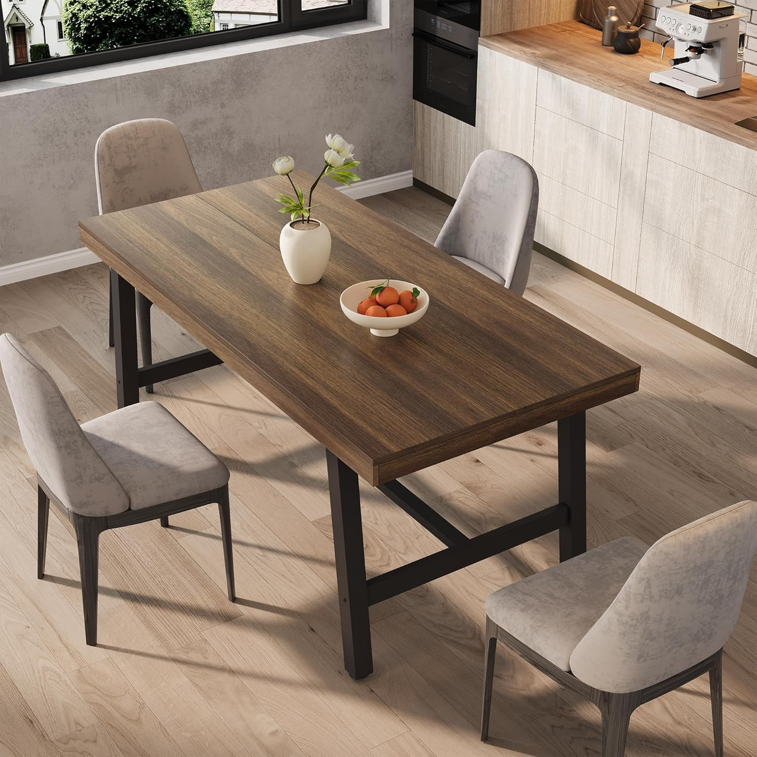 Sturdy Large Industrial Dining Table for 4-6 with Brown Wood Top
