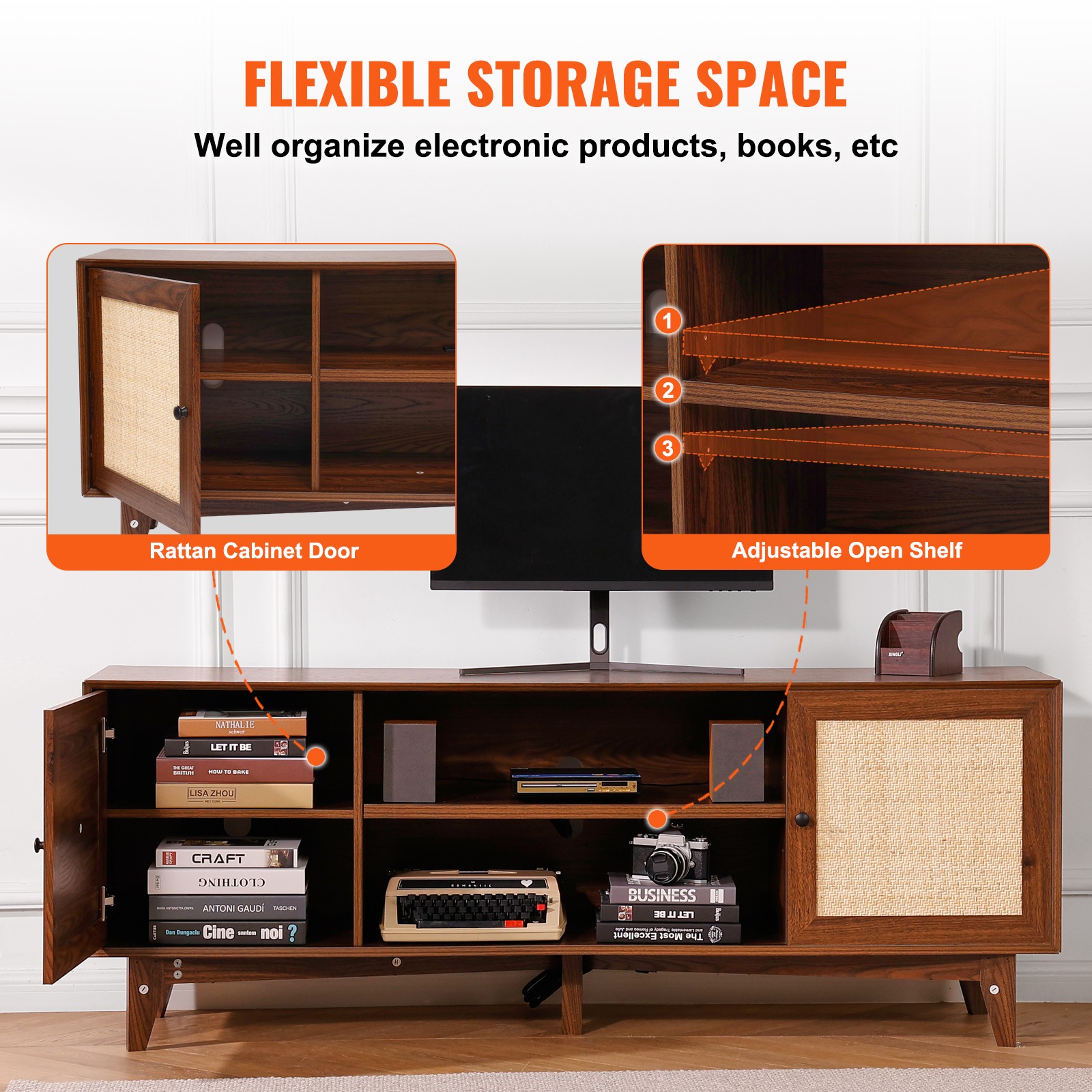 Uimoso Rattan TV Stand for 75″ TV Boho TV Stand with Build-in Socket Walnut