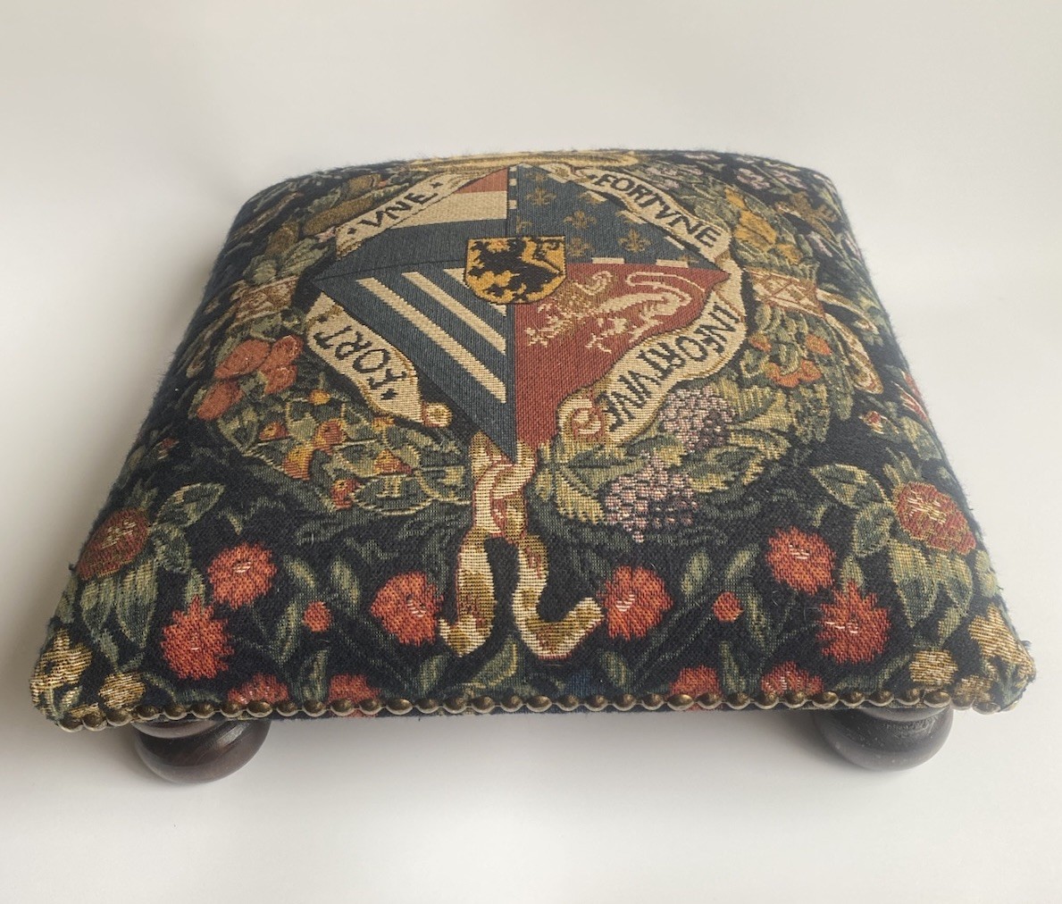 Made in France Tapestry Lion Heraldry Padded Footstool Wood Legs