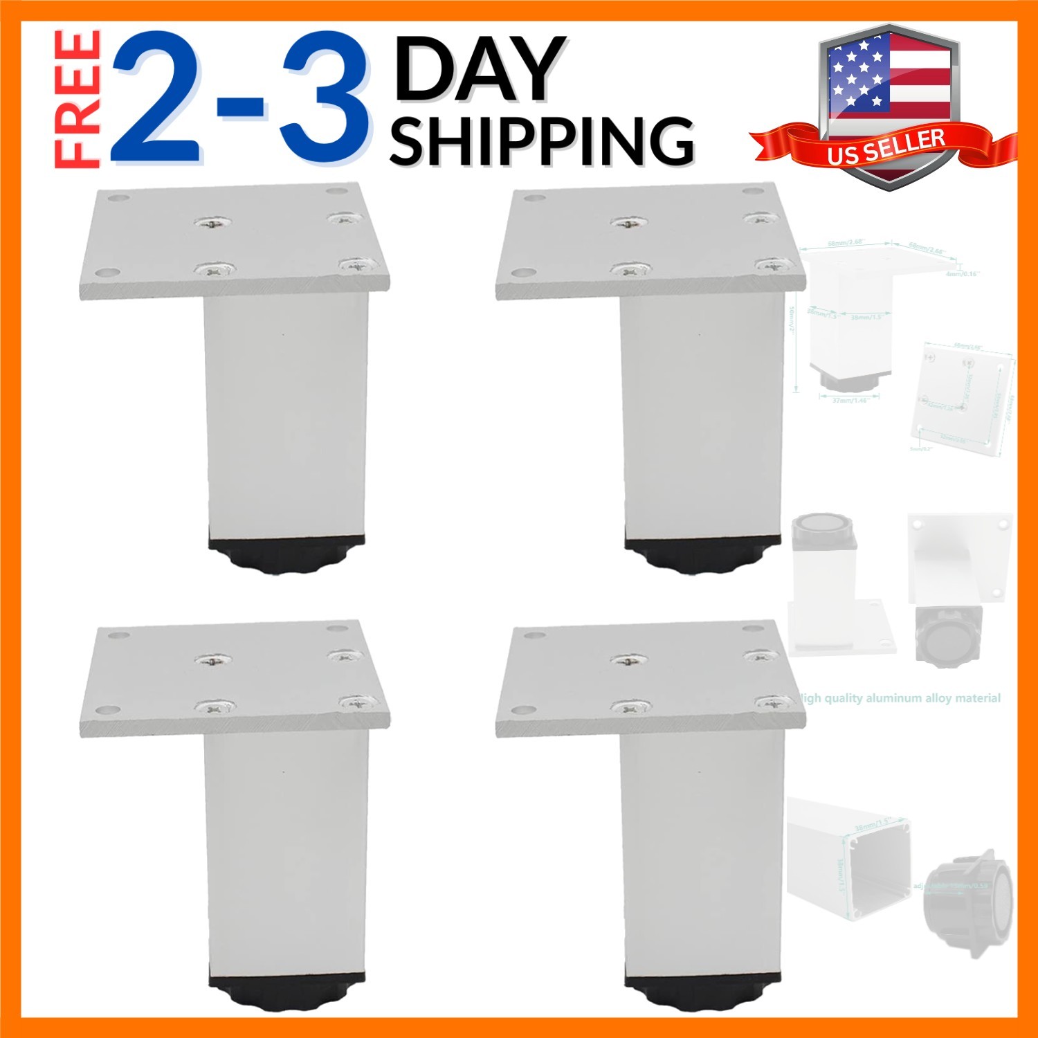 4 Pack Adjustable Furniture Legs, 50mm/2” Silver Aluminum Alloy Support Feet…