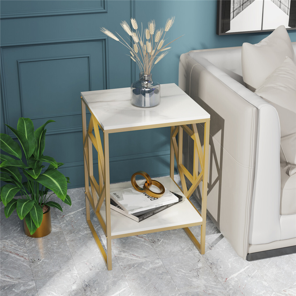Modern Geometry Metal Base Accent Table Marble Top End Snack Side Table 2 Tiers
