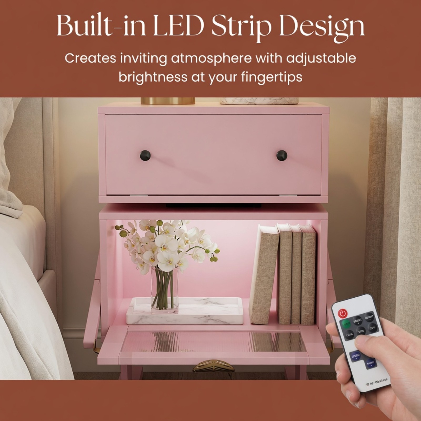 Pink Robot LED Nightstand with Rotating Drawer, 20.7″ Wide Modern End Table