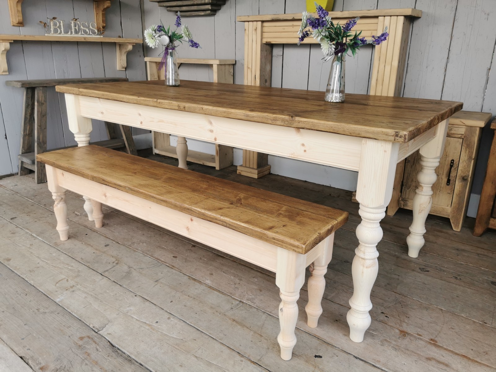7 Ft Rustic Reclaimed Plank farmhouse dining table and bench