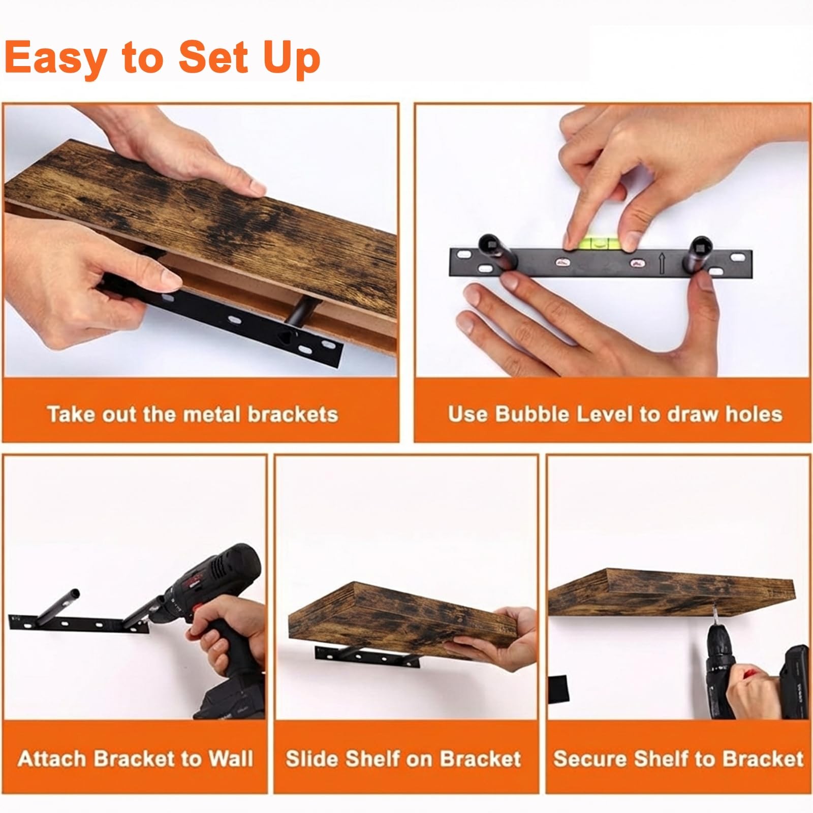 Floating Shelves Wood Wall Mounted 20lb Capacity 15.7 Inch Rustic Brown Set 2