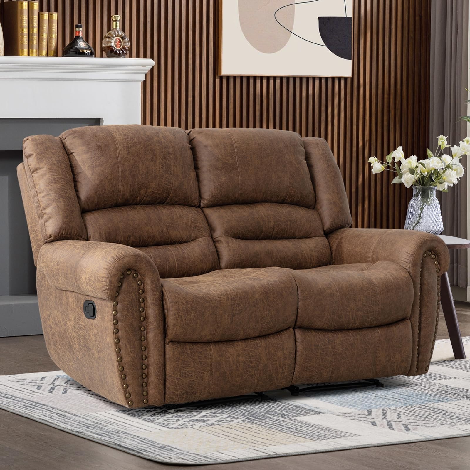Canmov Faux Leather Manual Loveseat Recliner, 2 Seat Reclining Chair, Couch Set