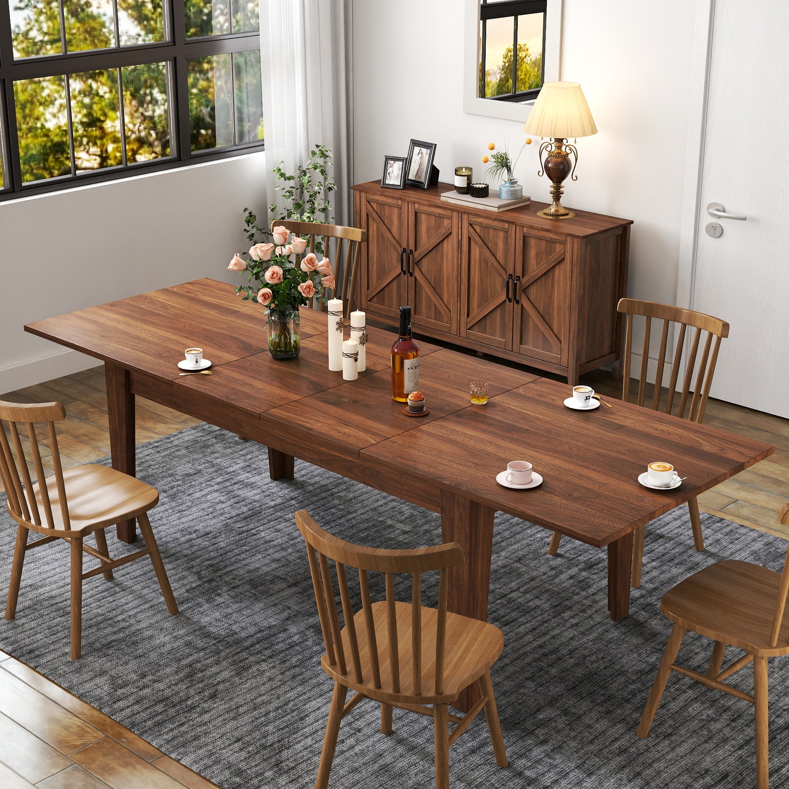 106″ Extendable Dining Table Large Kitchen Table Walnut Wood Modern
