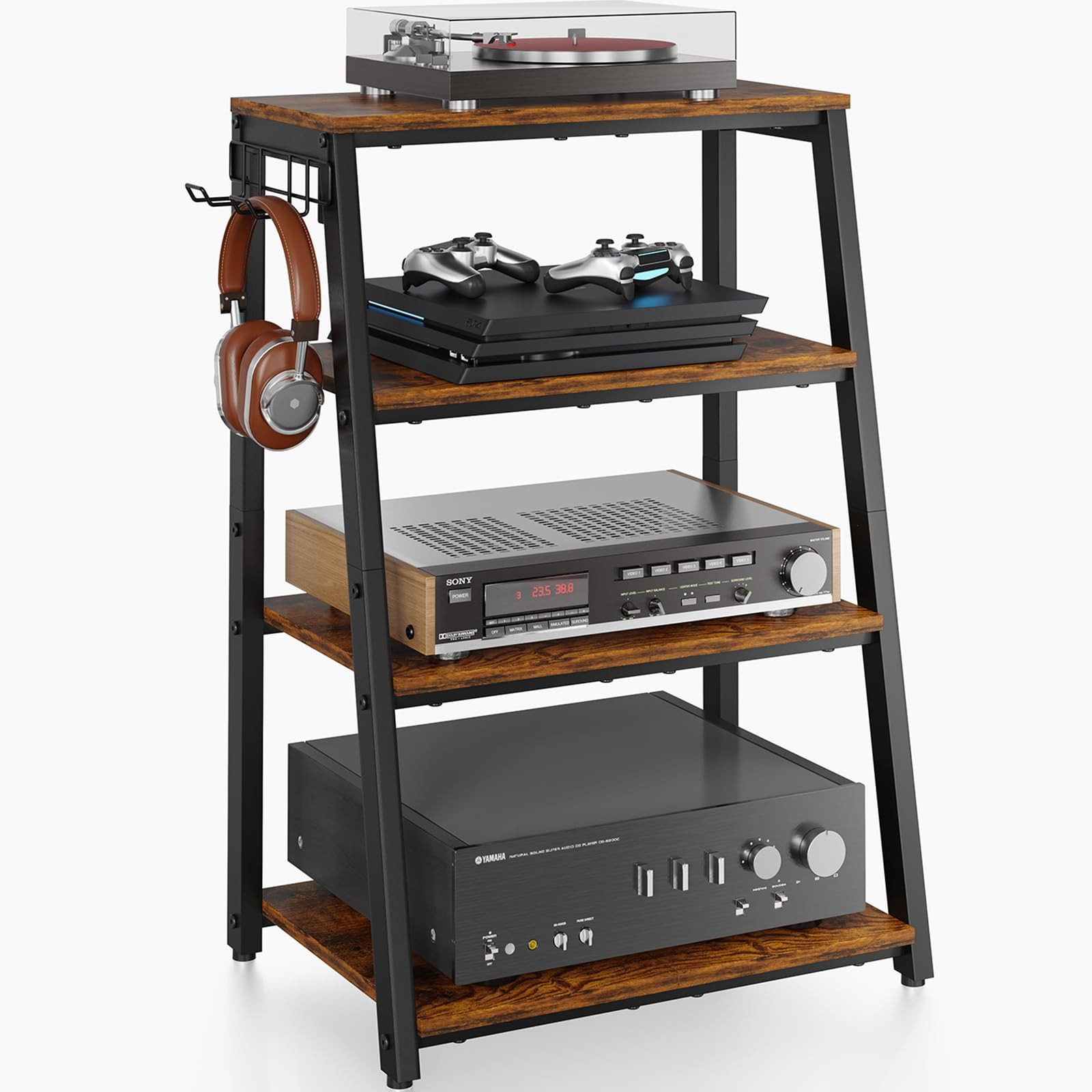 4-Tier AV Media Stand with 2 Hooks,Heavy Duty Stereo Cabinet Furniture-Large …