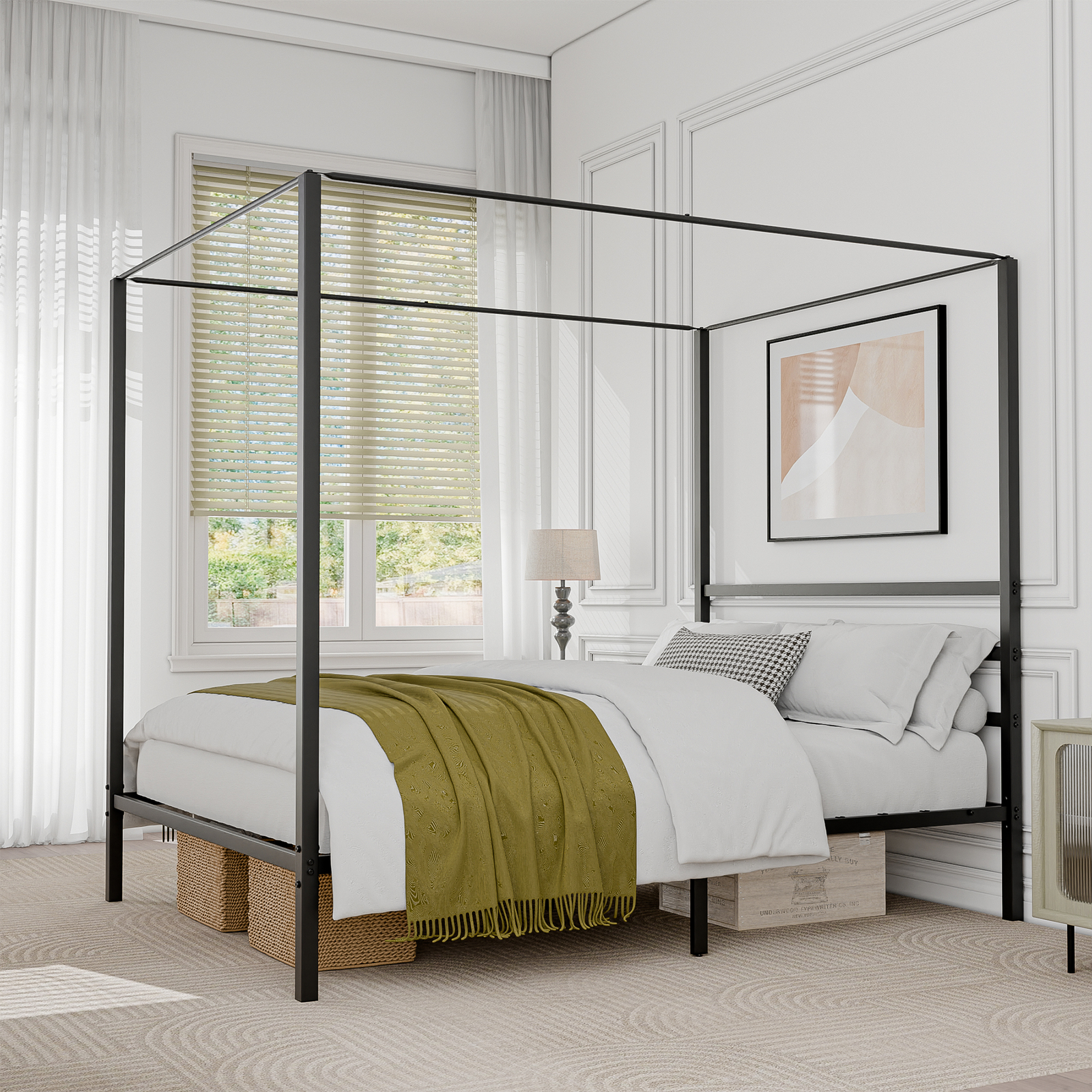 Metal Canopy Bed Frame Mattress Foundation w/Headboard Slat Support Queen Size