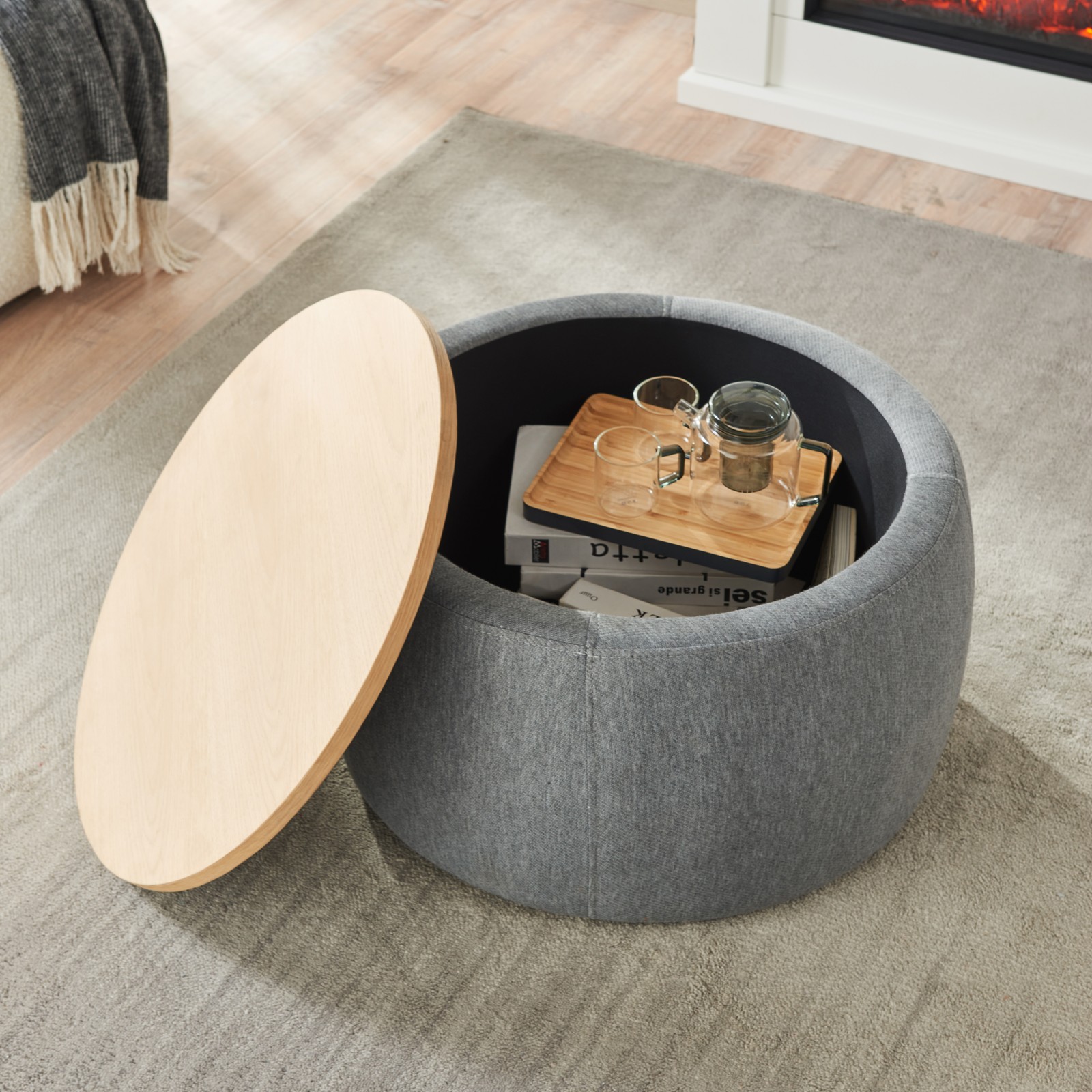 Round Storage Ottoman 2 in 1 Function End table Navy (25.5″x25.5″x14.5″) Fashion