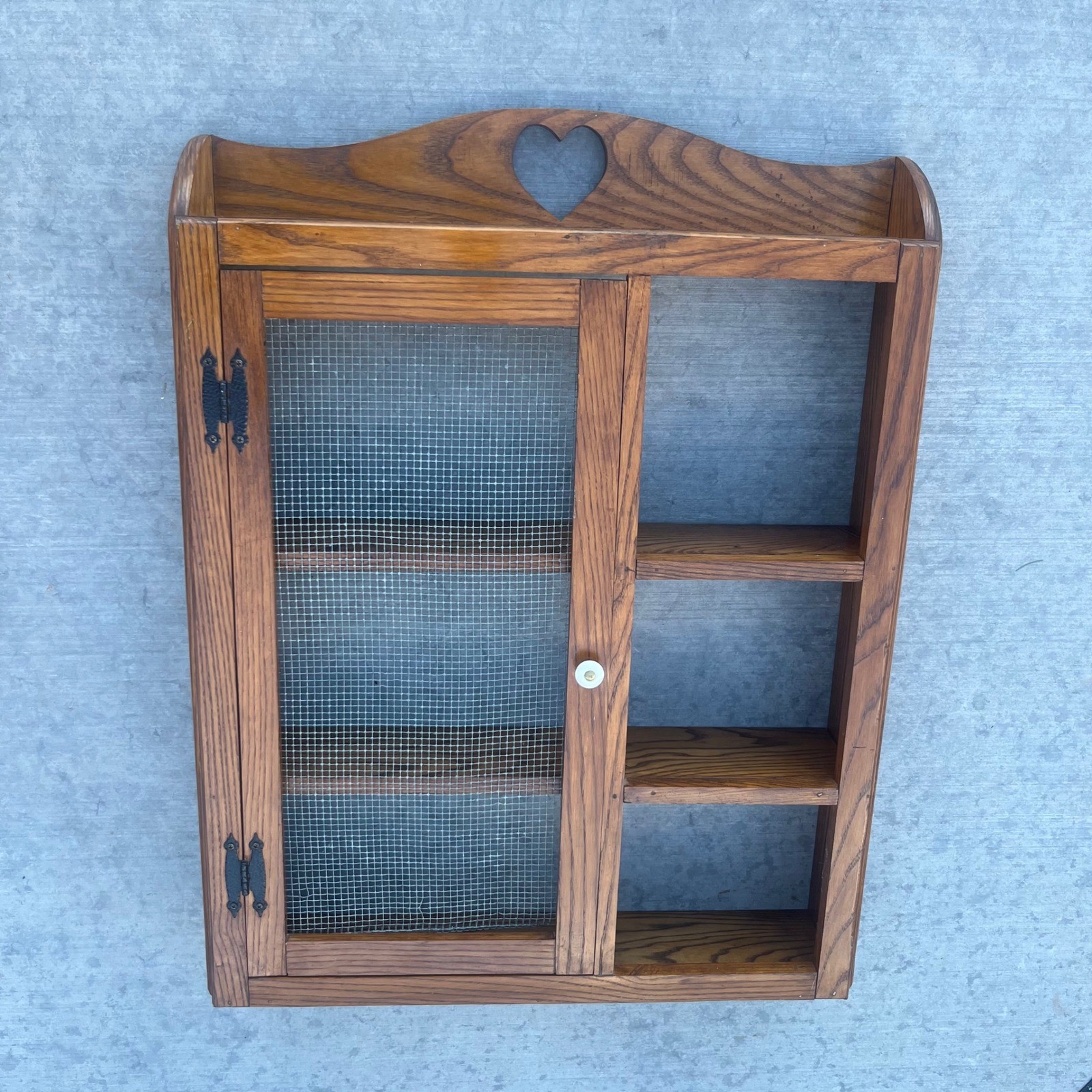 Vintage Rustic Wood Wall Cabinet Heart Cutout Chicken Wire Door Display Shelf