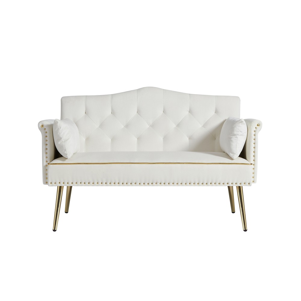 Tufted Velvet Loveseat Cream White, Small Sofa for Living Room Bedroom