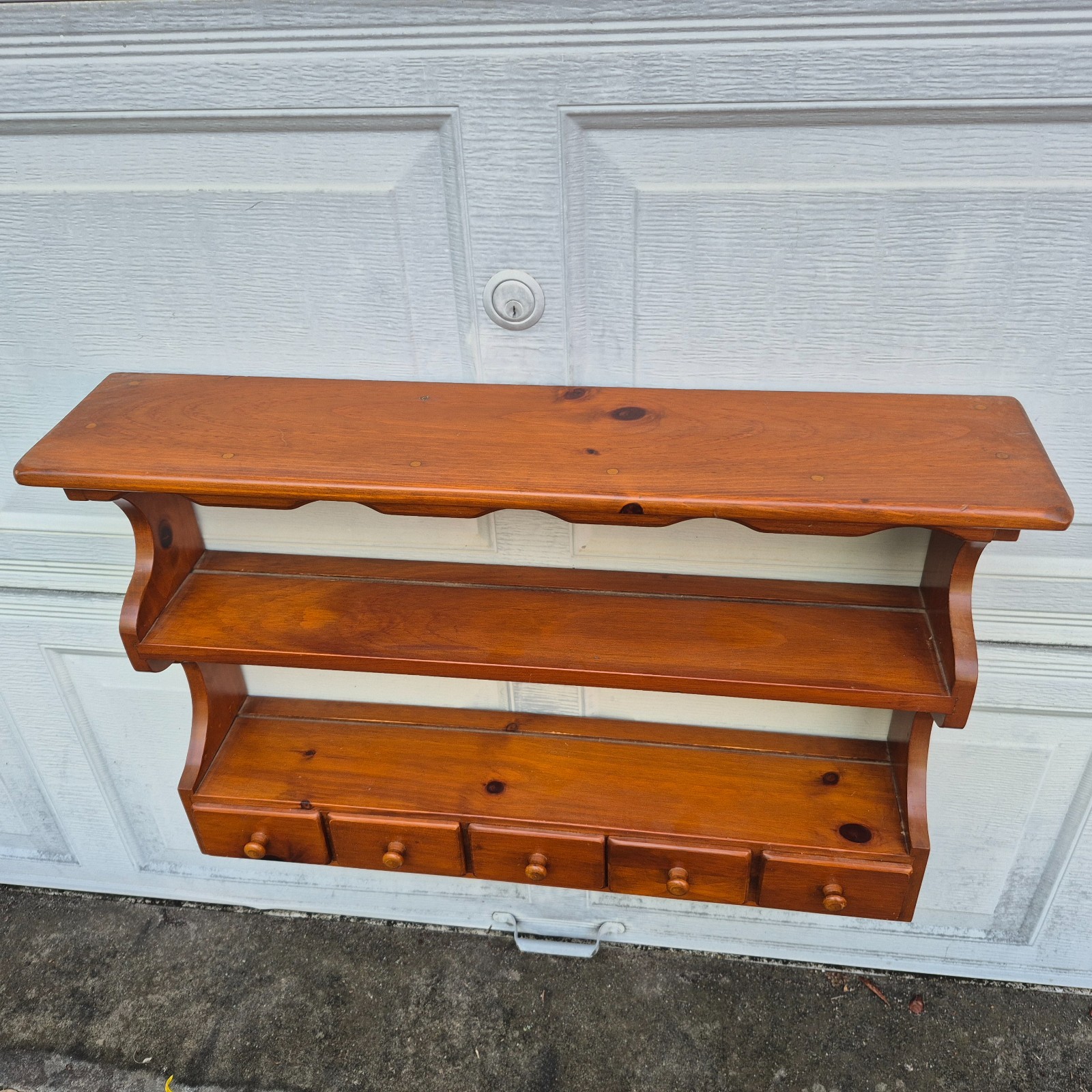 VTG Solid Pine Wall Rack w Plate Groove Display Cup Saucer Curio Shelf 5 Drawers