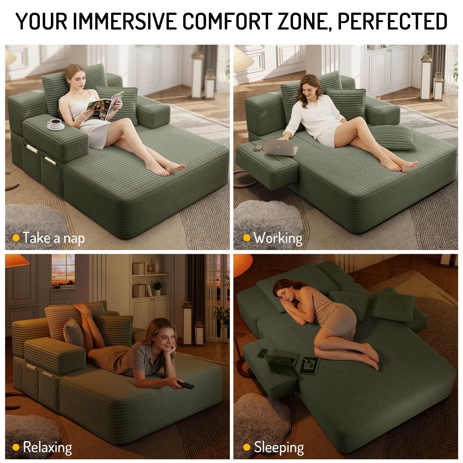 Modern Plush Corduroy Sofa Bed Chaise Lounge No Assembly Required for Apartment
