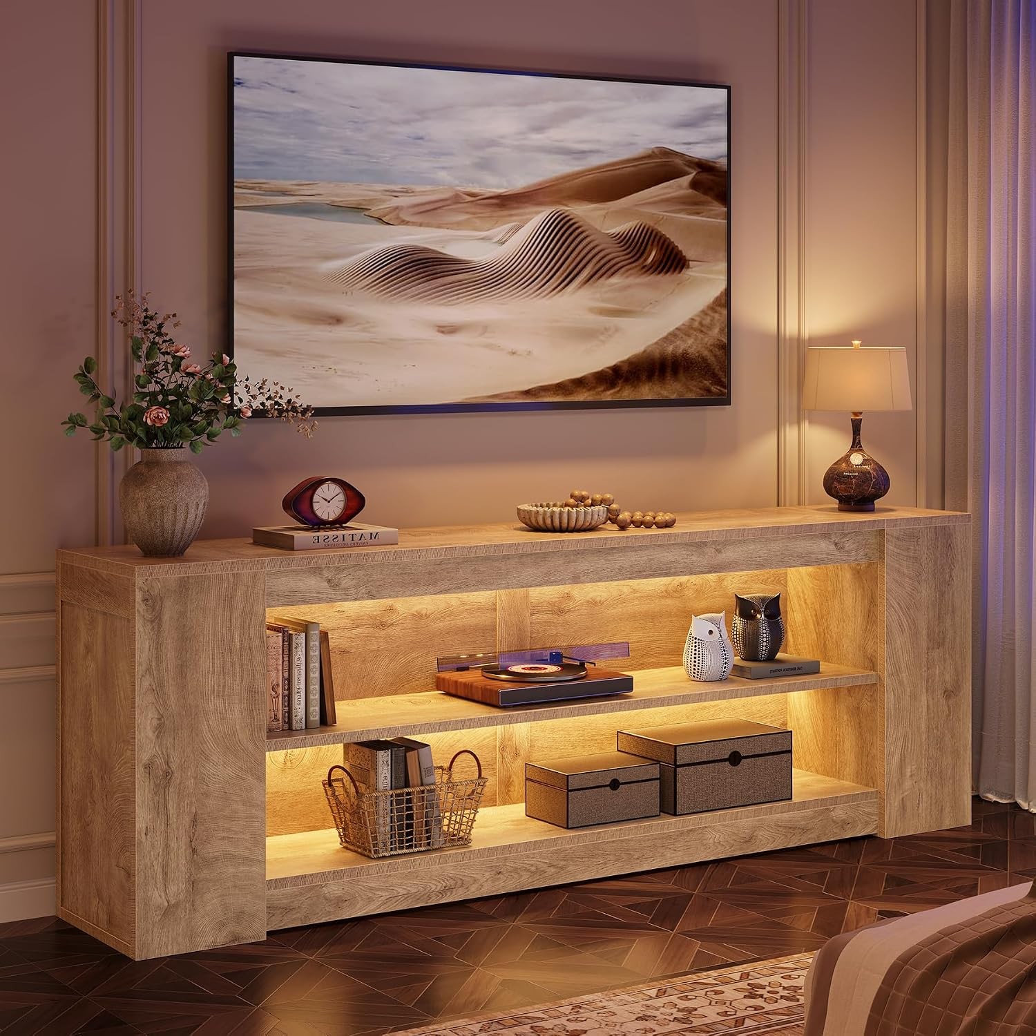 78″ Modern TV Stand with LED Light & Open Storage Shelves for TVs up to 90 Inch