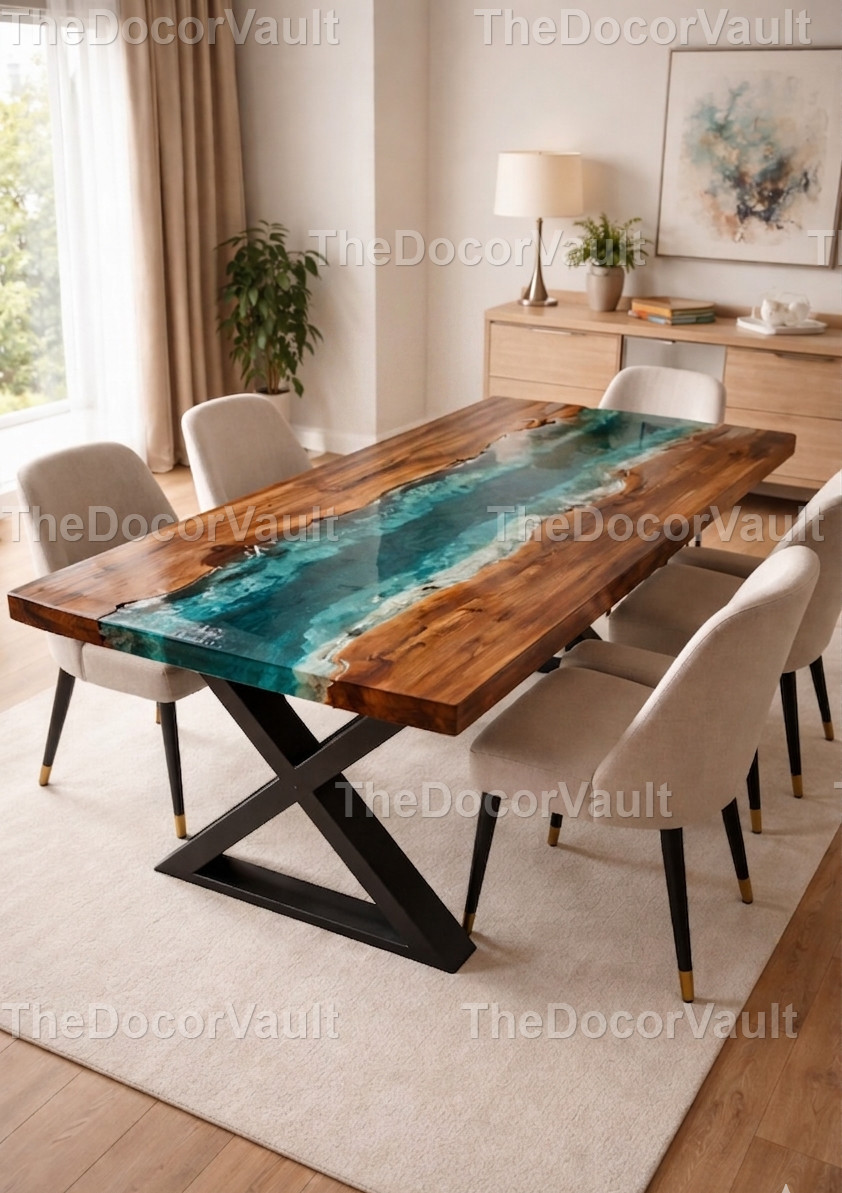 Live Edge Walnut Wood Epoxy Resin River Table Top | Handmade Blue Ocean Dining