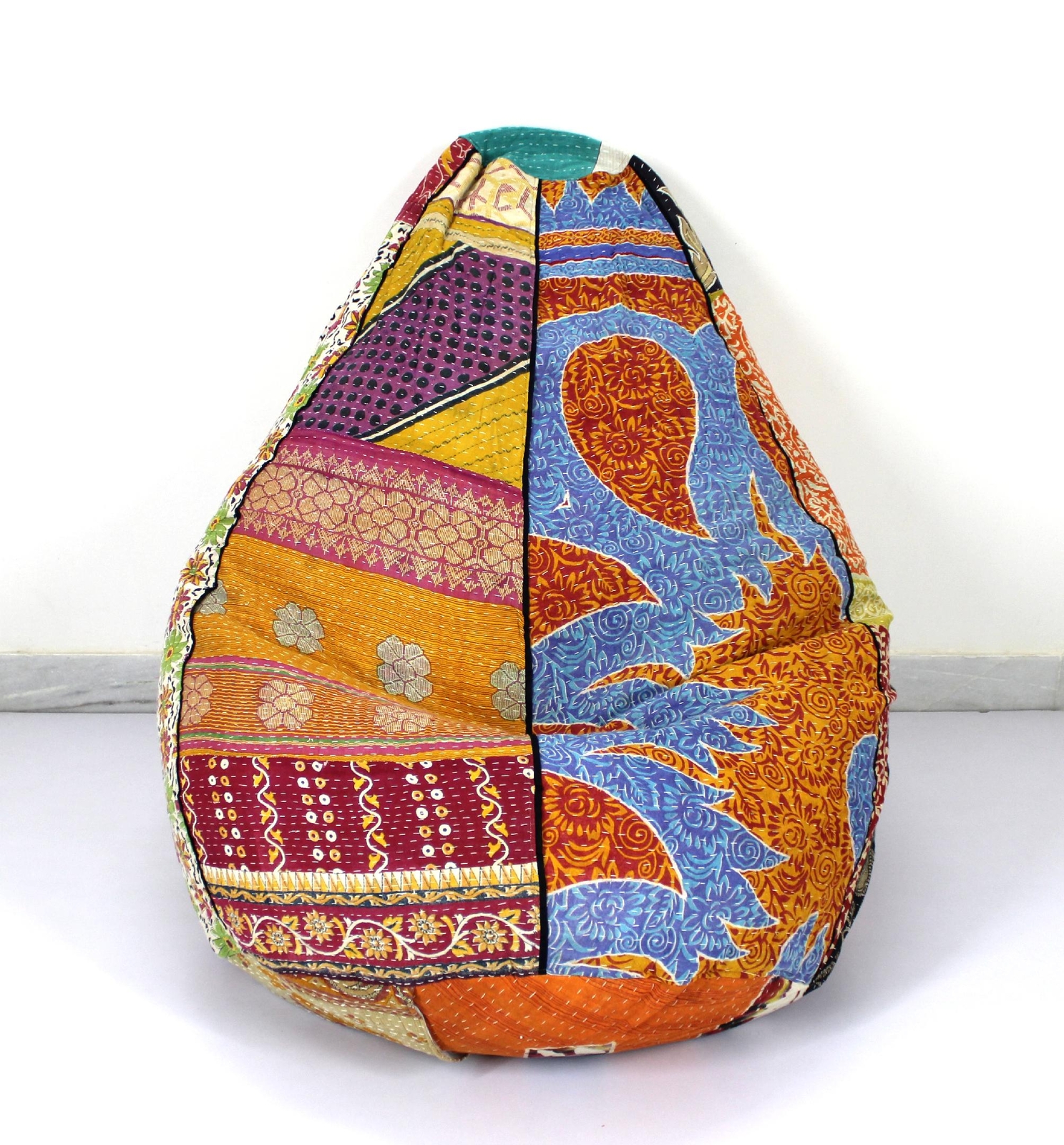 Handmade Kantha Hippie Pouf Kids Bean Bag Handicraft Ottoman Floral Slipcover