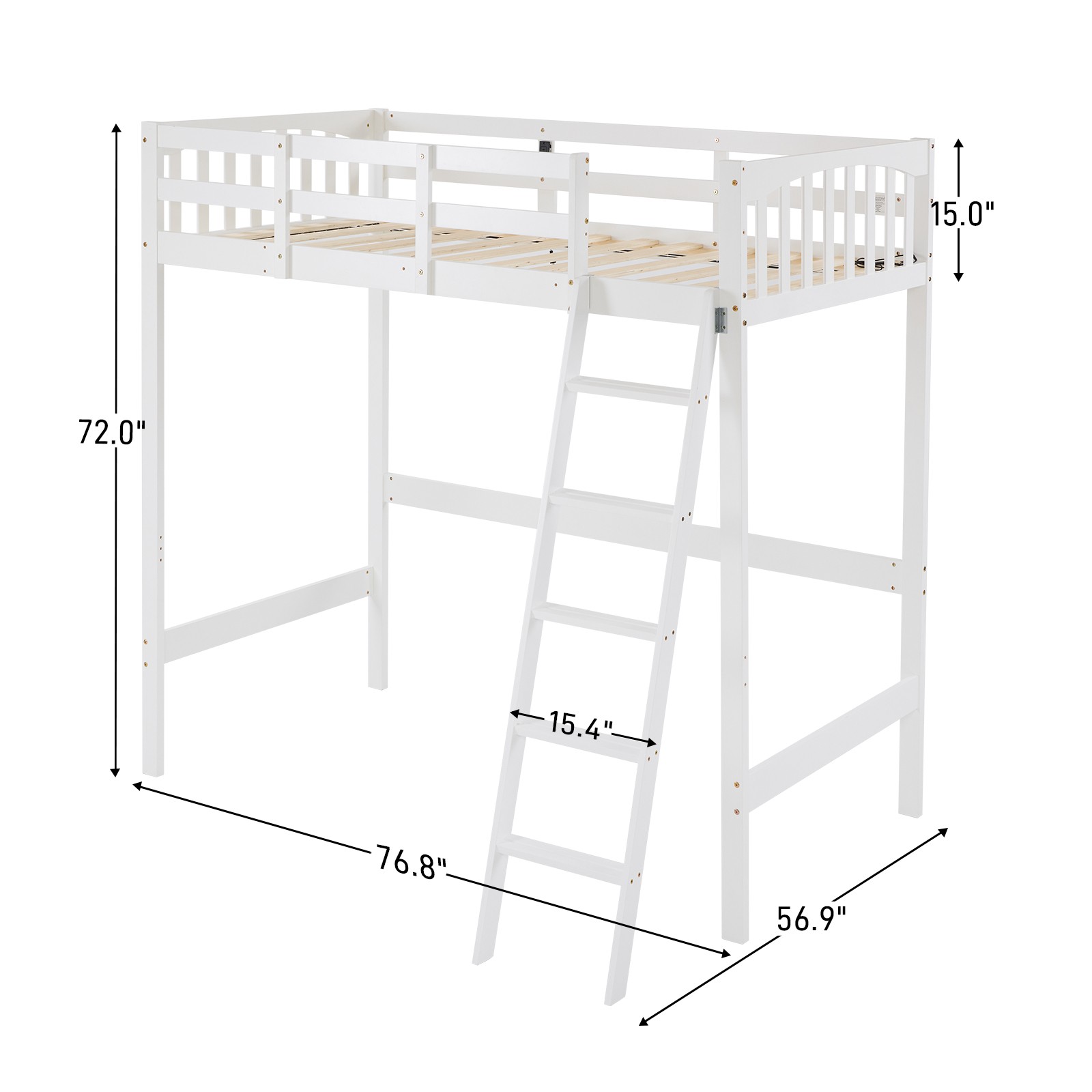 Solid Wood Loft Bed Frame w/Safety Guardrails & Ladder for Kids/Teens/Adults