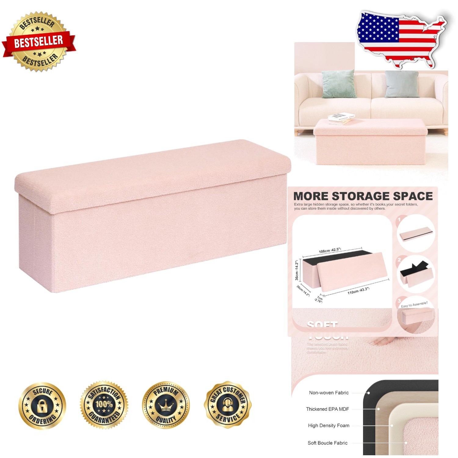 Pink Velvet Storage Ottoman Bench 43.3″ Large Foldable Faux Teddy Fur Footrest