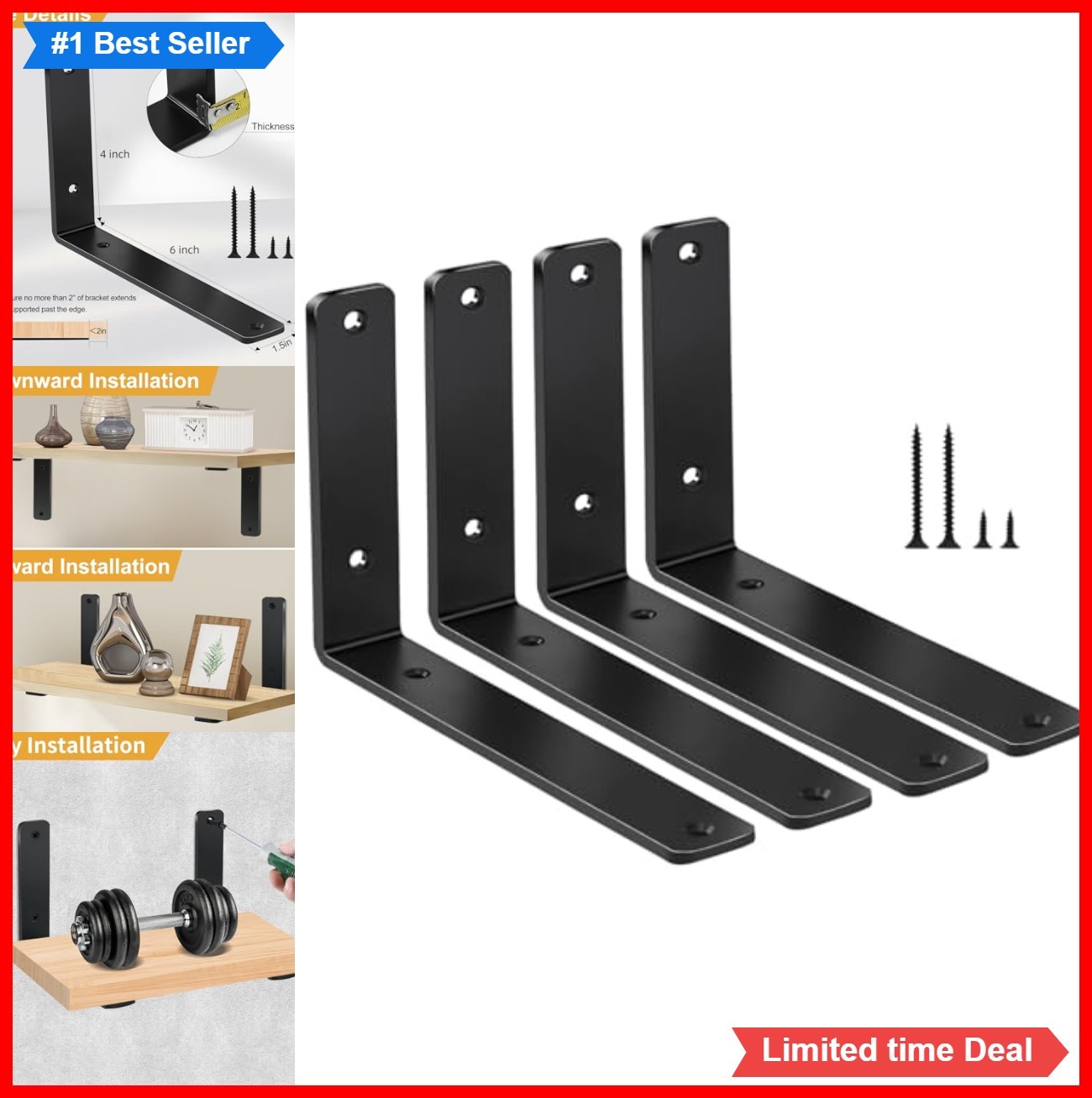 4 Pack L Shelf Brackets 6 Inch Heavy Duty Iron 5mm Thick Black Powder Coated