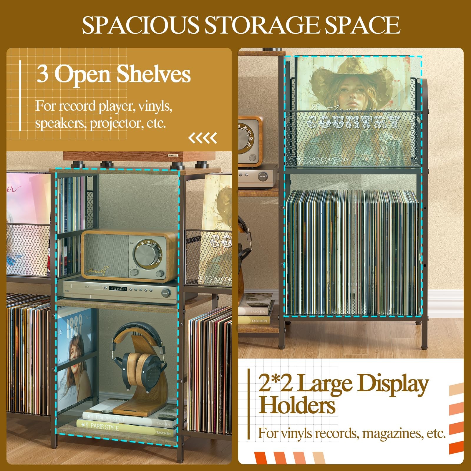 Record Player Stand with Vinyl Storage, Record Storage for 350+ Albums, Tunta…