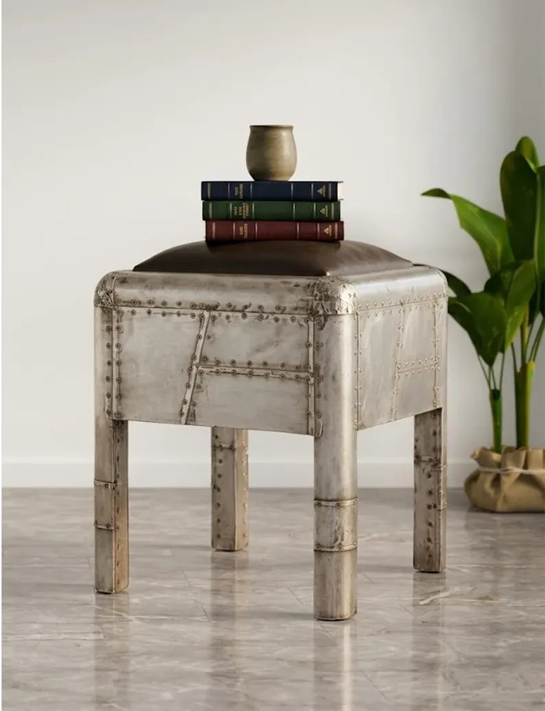 Aviator Industrial Ottoman | Aluminum Riveted Footstool Modern Loft Furniture