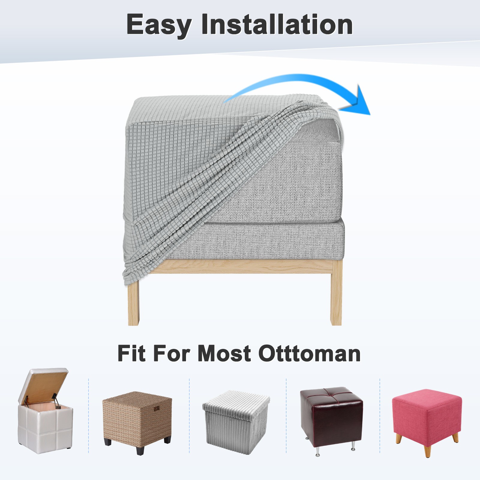 1-Pack 13″x13″x15″ Square Ottoman Slipcovers Footstool Protector Light Gray