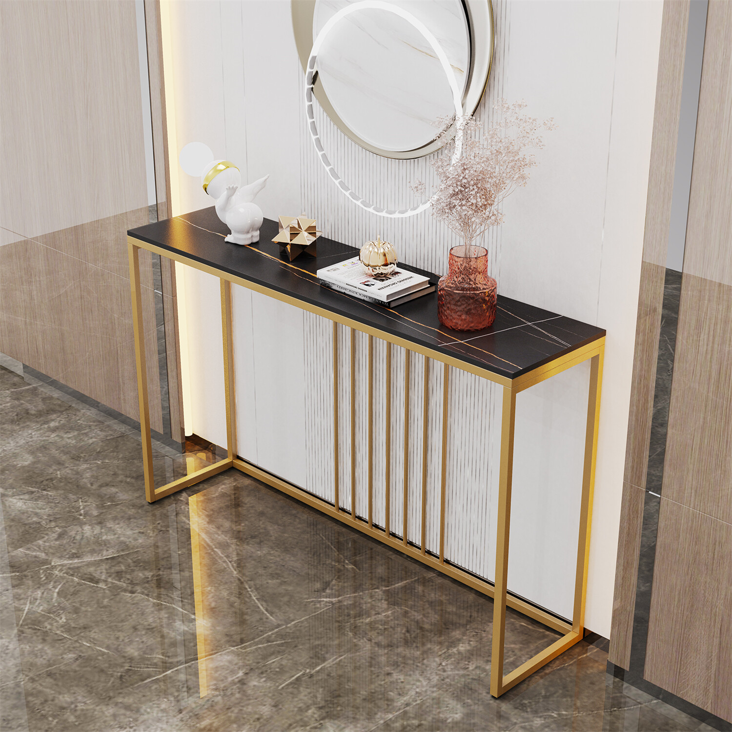 Natural Marble Long Console Table Behind Couch Full Frame Entryway Table 2-color