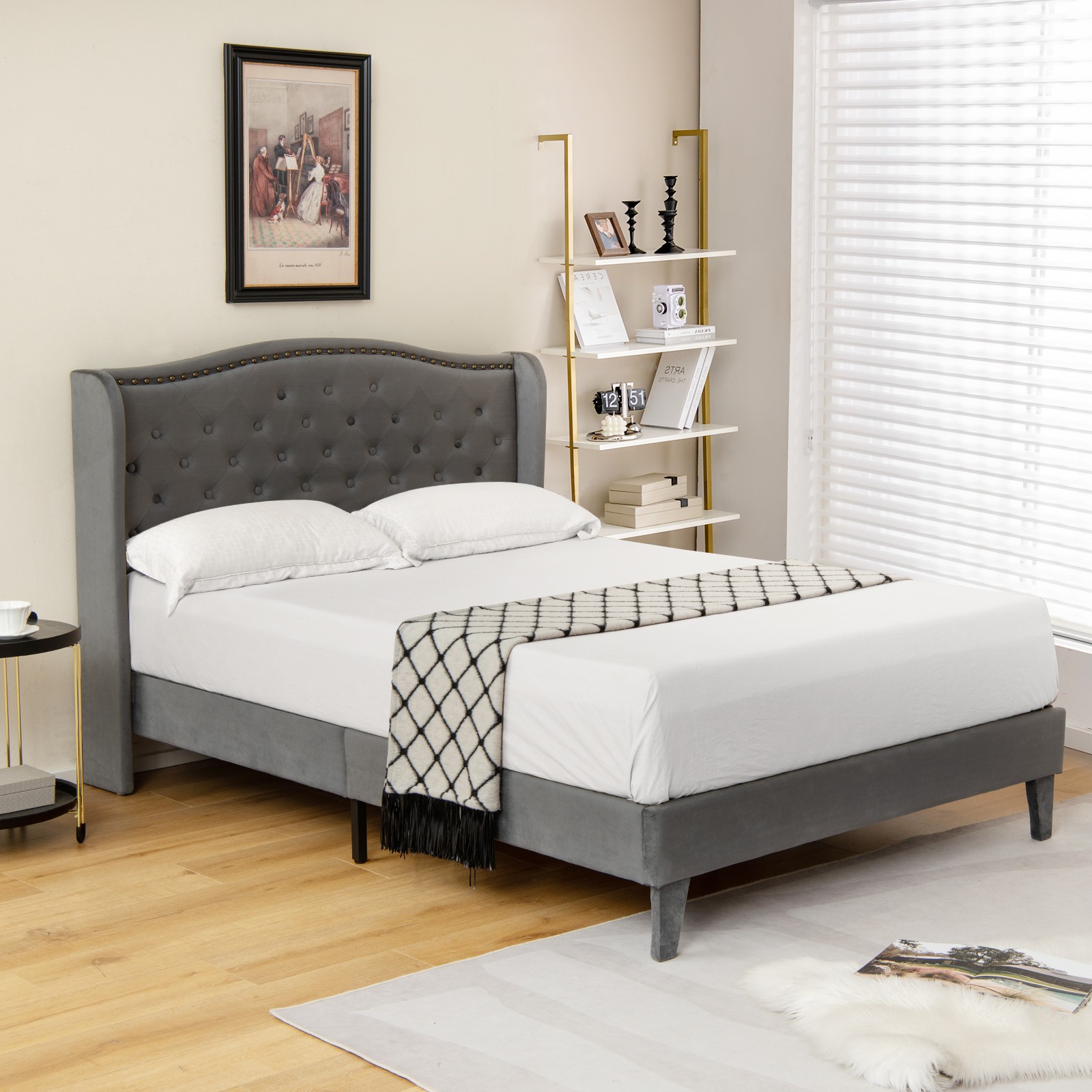 Queen Upholstered Platform Bed Frame W/ Button Tufted Headboard Noise-free