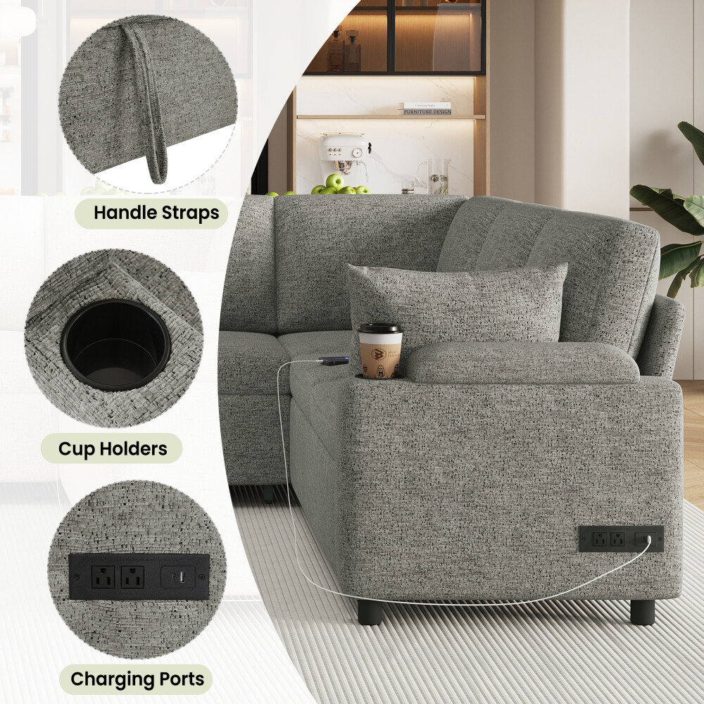 109.9″ Sectional Sofa Bed U-shaped Sofa with Storage, Cup Holders, Light Grey