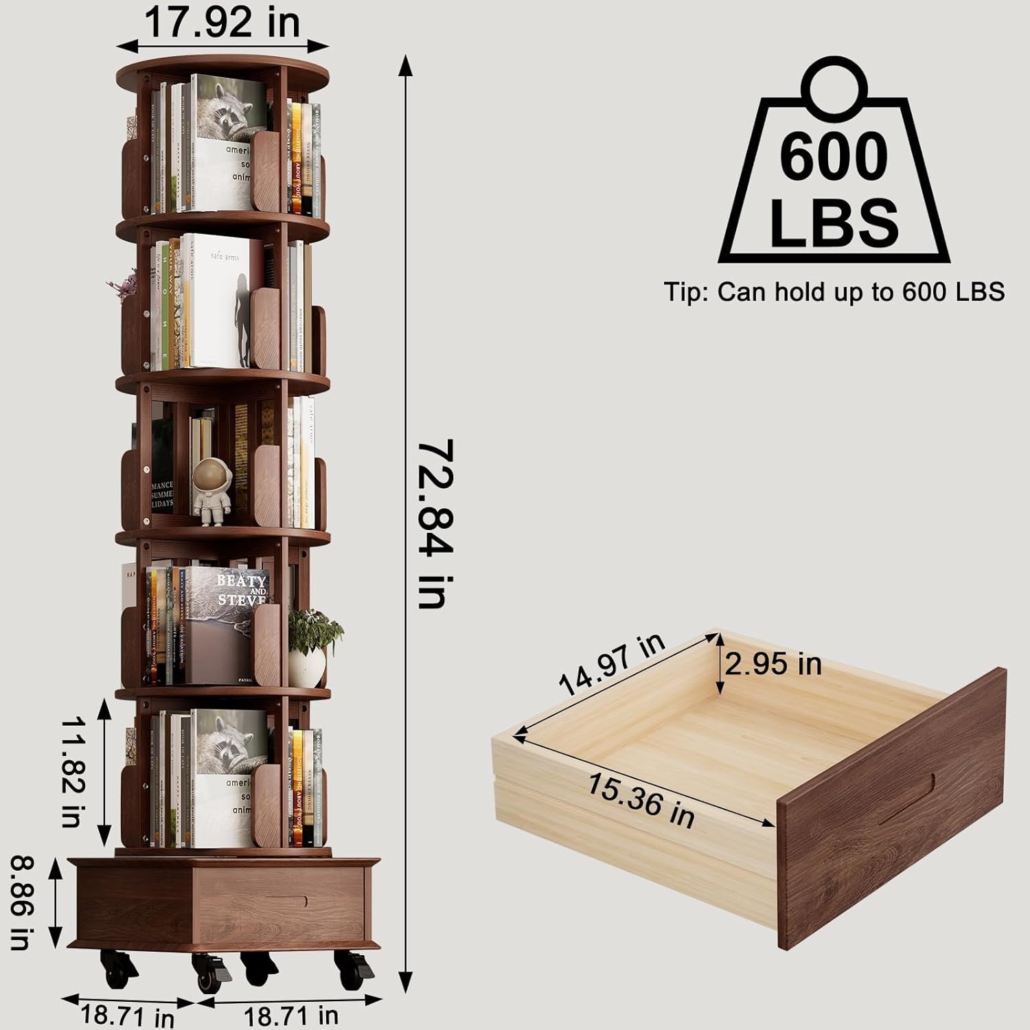 Solid Wood Rotating Bookshelf,360° Display Bookcase with 1 Drawer,72 inch Tall..