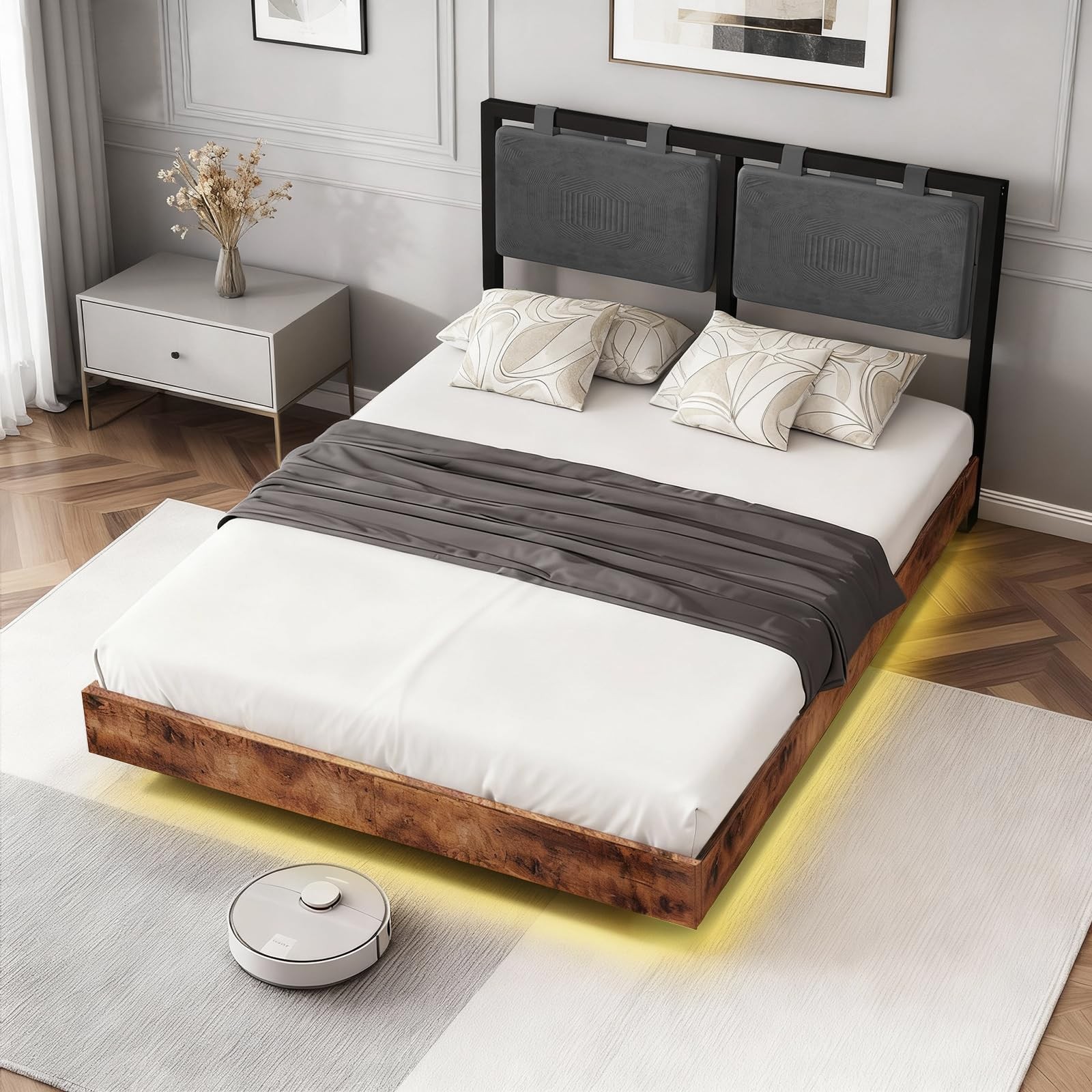 LUCKLIFE Floating Bed Frame Full Size, with Adjustable Headboard and Smart LE…