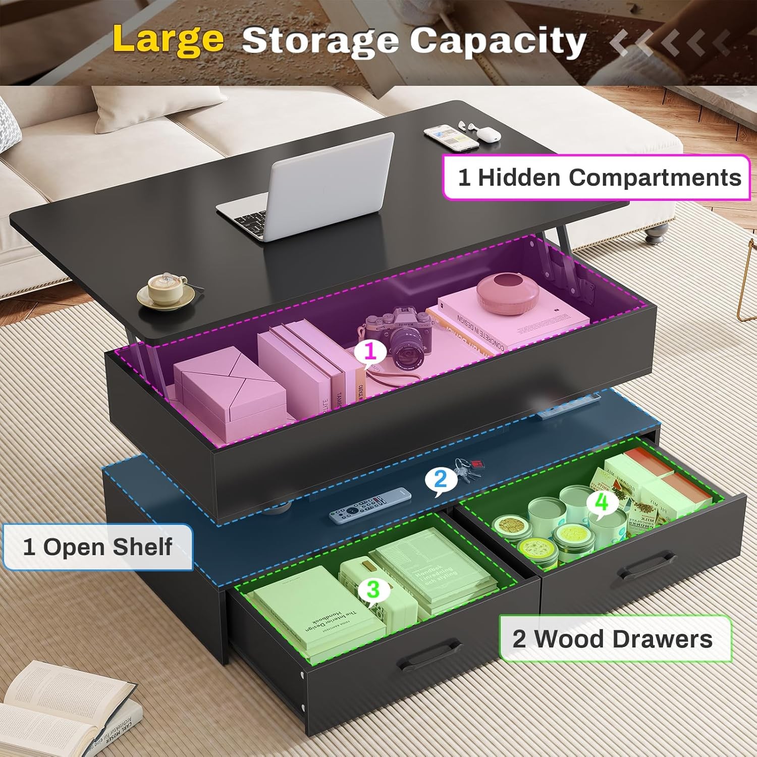 SEDETA Black 40″ Lift Top Coffee Table LED Lights 2 Drawers Storage Living