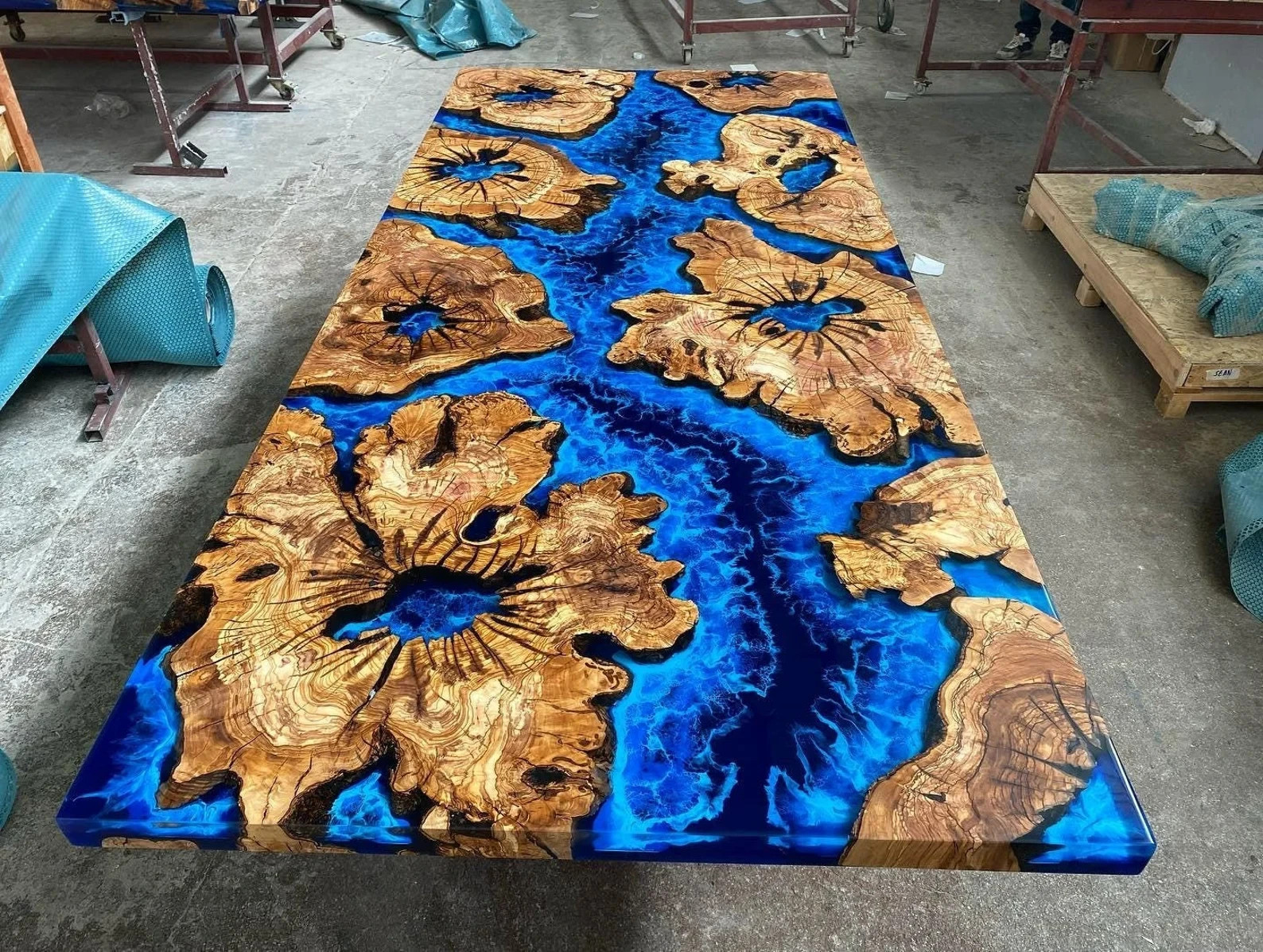 Blue Epoxy Resin Ocean River Table Olive Wood Live Edge Dining Table Custom