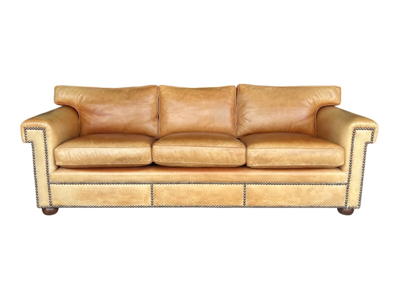 Vintage English Leather Sofa Cigar Brown Nailhead Trim Feather Cushions