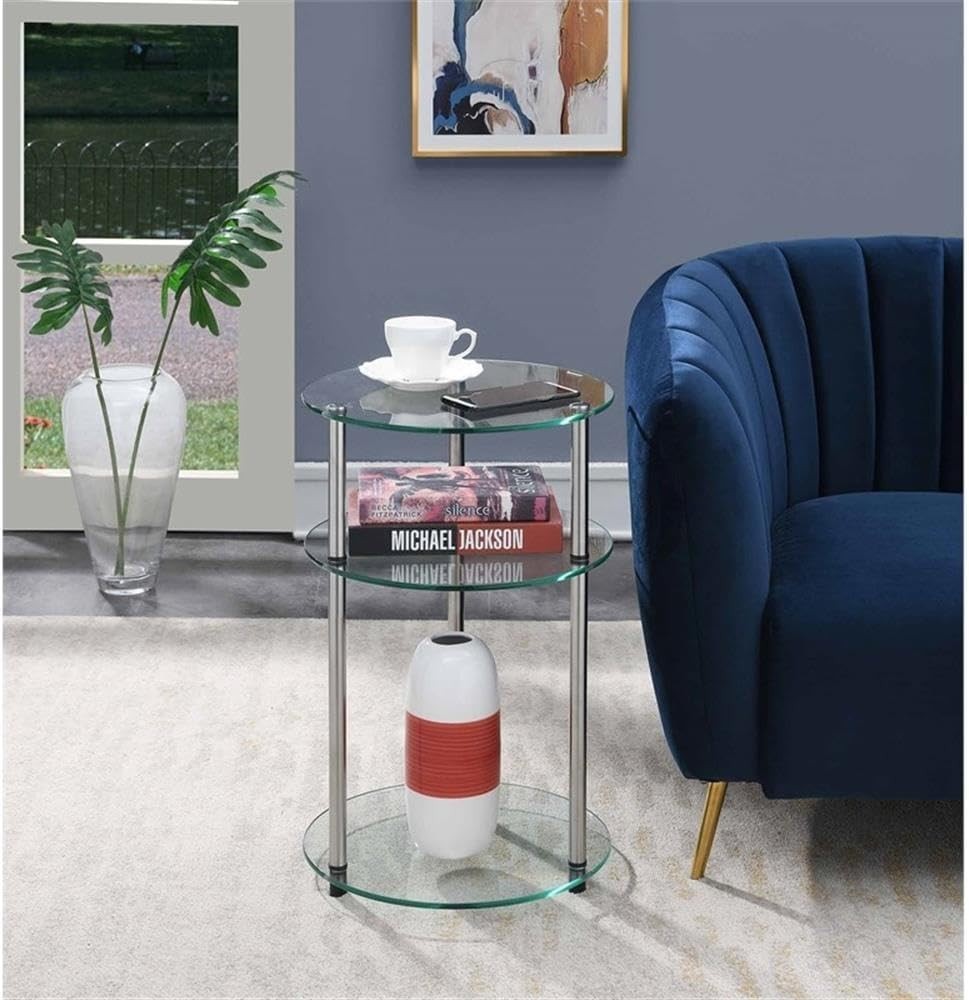 Contemporary Glass Round End Table – 15.75 Inches with Chrome Finish & 3 Shelves